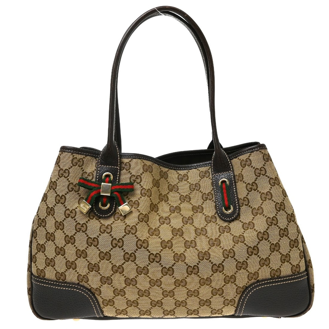 Gucci Shelly Medium Tote Handbag in Beige GG Canvas Leather: Gucci Shelly Medium Tote Handbag in Beige GG Canvas Leather Vintage Gucci Shelly GG tote bag in beige canvas and leather with signature red and green web accents. This medium women's tote features a b
