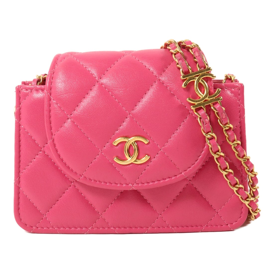 CHANEL AP3002 Pink Calfskin Chain Card Holder Shoulder Bag: CHANEL AP3002 Pink Calfskin Chain Card Holder Shoulder Bag Pink calfskin card holder chain shoulder bag with CC GHW styling and a compact shoulder bag design. The interior includes card slots and an o