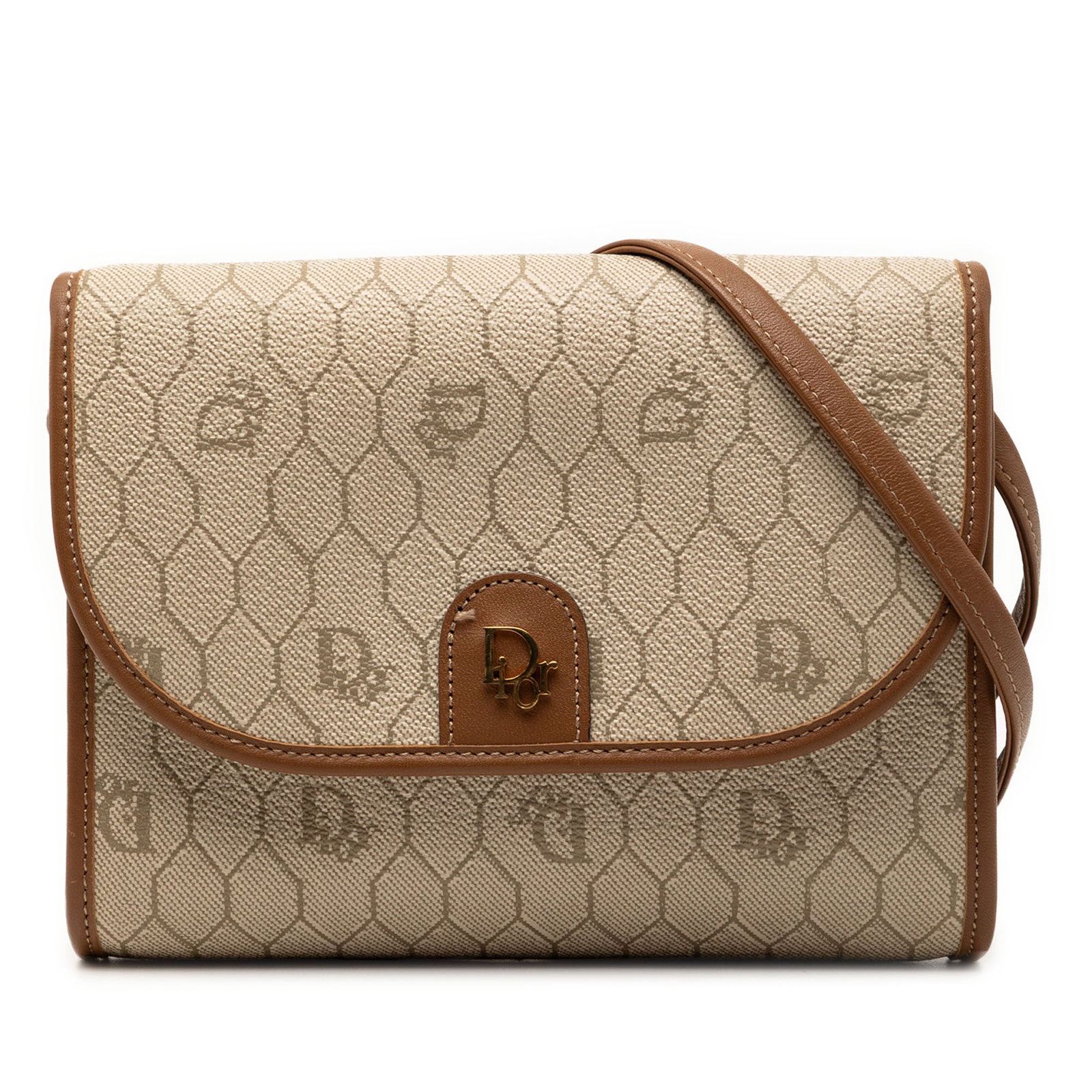 Dior Honeycomb Coated Canvas Beige Crossbody Bag: Dior Honeycomb Coated Canvas Beige Crossbody Bag This Dior Honeycomb crossbody bag features a coated canvas body with leather trim, a flat leather strap, a top flap with magnetic snap closure, and an 