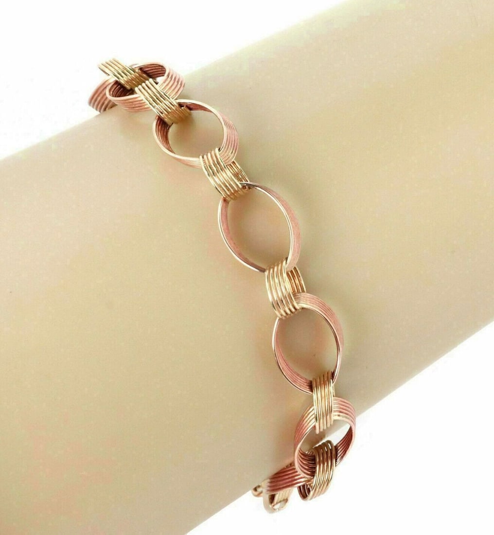 Unbranded 14k Two Tone Gold Grooved Link Bracelet 7.5" (1 of 5)