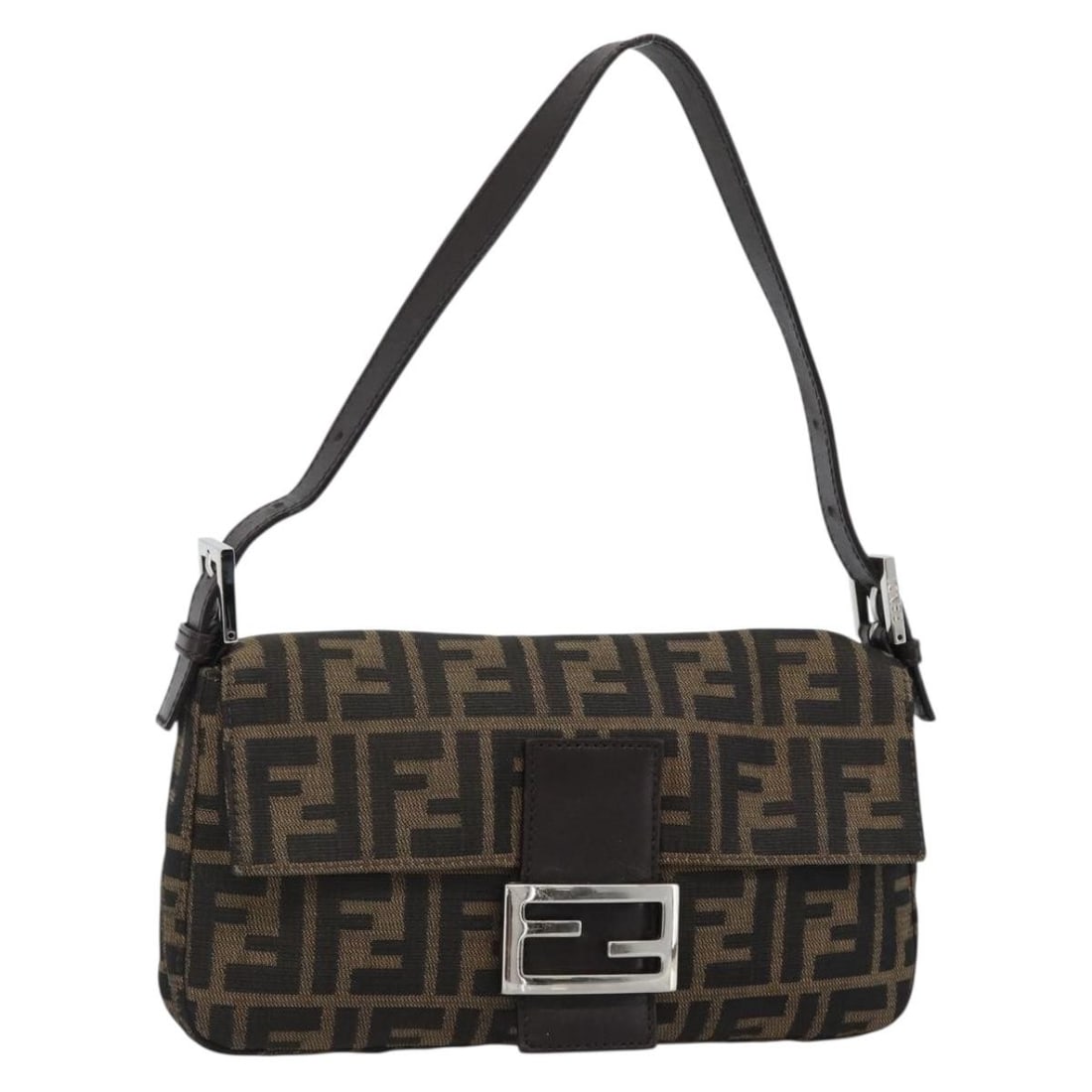 FENDI Mamma Baguette Zucca Canvas Shoulder Bag Black Brown: FENDI Mamma Baguette Zucca Canvas Shoulder Bag Black Brown Authentic Fendi Mamma Baguette shoulder bag in black and brown Zucca canvas. This women's bag is made in Italy and features a compact silhoue