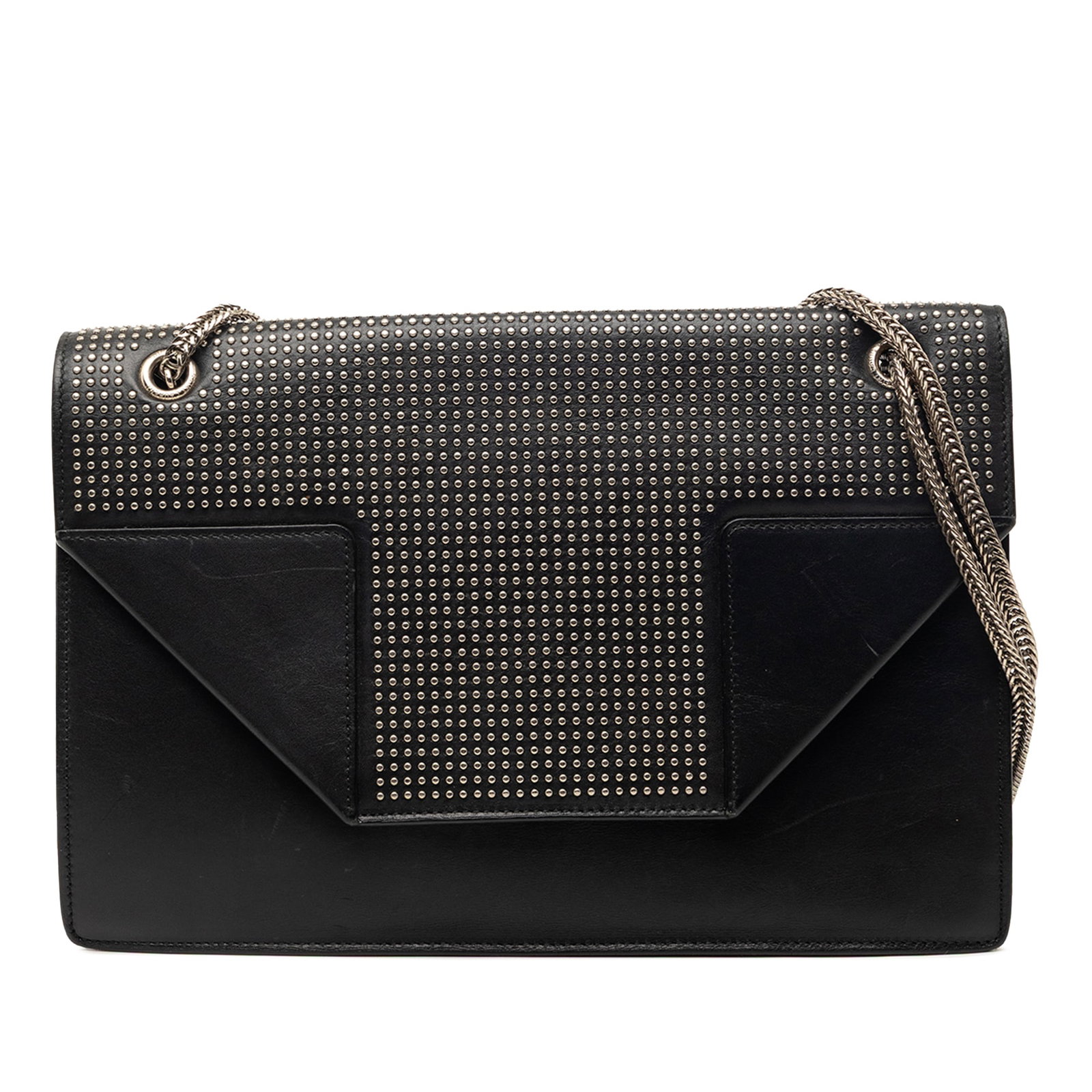 Saint Laurent Betty leather shoulder bag with studs: Saint Laurent Betty leather shoulder bag with studs This Saint Laurent Medium Studded Leather Betty Shoulder Bag features a black leather body adorned with stud details, chain link straps, a front fla