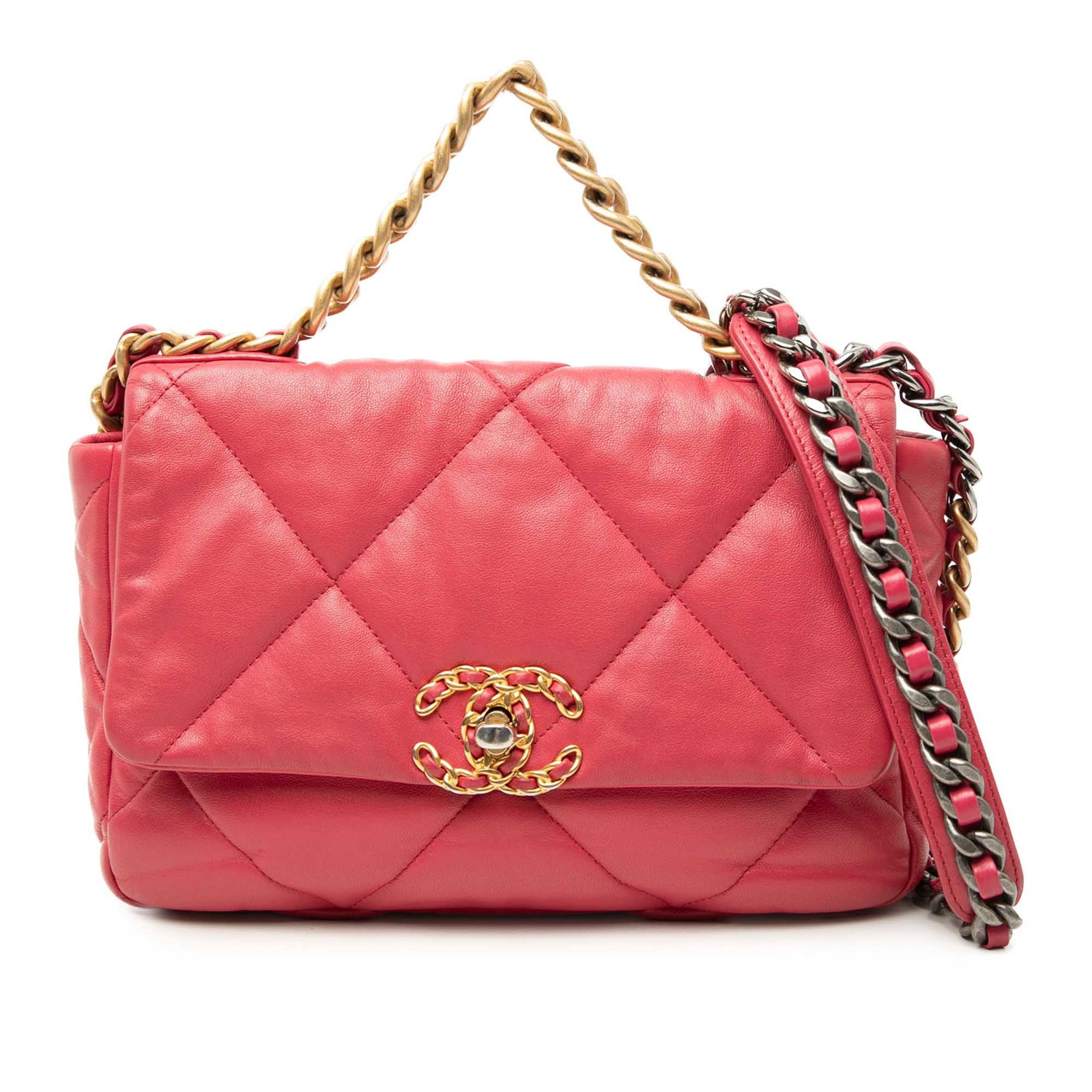 Chanel 19 Medium Flap Shoulder Bag Pink Lambskin: Chanel 19 Medium Flap Shoulder Bag Pink Lambskin Chanel Medium 19 Flap bag in pink quilted lambskin leather. This bag features a chain link handle, a leather-woven chain link shoulder strap, a front f