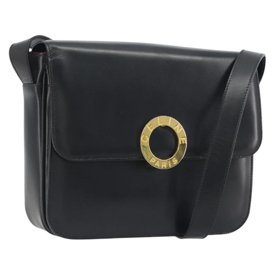 CELINE Circle Leather Shoulder Bag Black and Gold Italy: CELINE Circle Leather Shoulder Bag Black and Gold Italy Celine circle shoulder bag in black leather with gold-tone accents. Made in Italy, this women's shoulder bag features an adjustable shoulder str