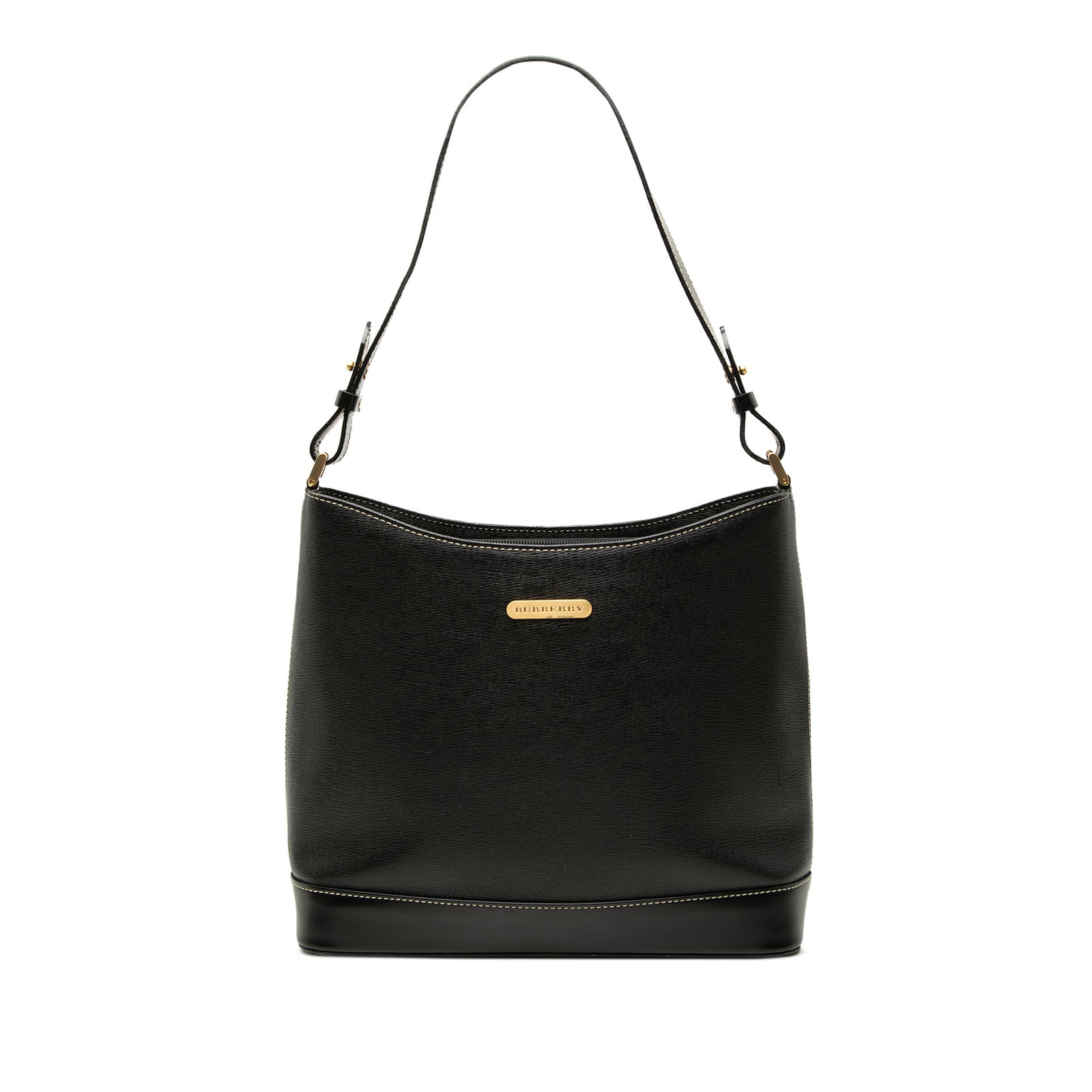 Burberry Leather Shoulder Handbag in Black: Burberry Leather Shoulder Handbag in Black Burberry leather shoulder bag in black with a flat leather strap, open top, zip compartment, and interior zip and slip pockets. The bag shows visible wear co