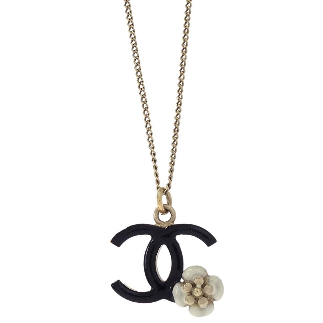 Chanel CC Flower Charm Necklace Gold Plated Black Pendant: Chanel CC Flower Charm Necklace Gold Plated Black Pendant Gold-plated Chanel necklace featuring a black CC flower pendant charm. Made in Italy, this piece is styled with a 17.7 inch chain and is prese