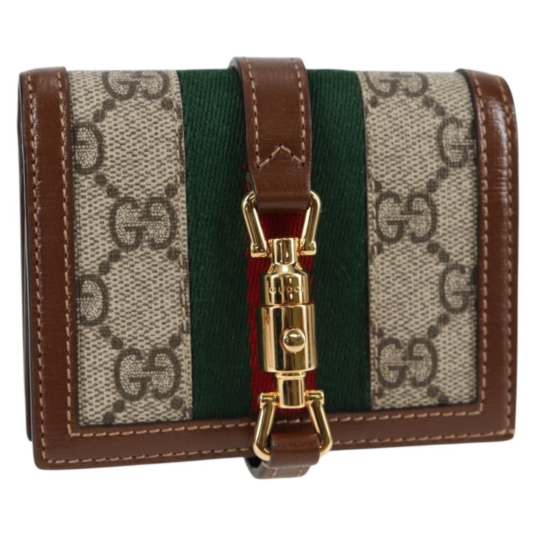Gucci Jackie WebbSherry Line Beige GG Supreme PVC Wallet 203495: Gucci Jackie WebbSherry Line Beige GG Supreme PVC Wallet 203495 Gucci GG Supreme Jackie Web Sherry Line wallet in beige PVC leather and GG canvas. Made in Italy, this women's wallet includes a dust ba