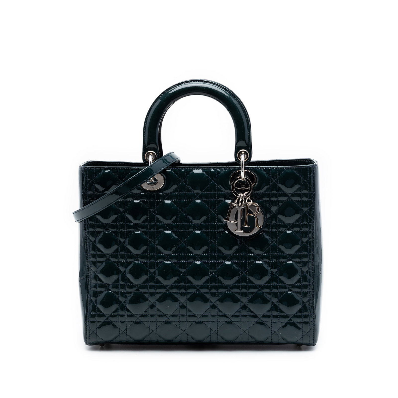 Dior Large Patent Cannage Lady handbag Blue Leather: Dior Large Patent Cannage Lady handbag Blue Leather This Lady Dior bag features a quilted patent leather body in blue, complemented by flat leather top handles and a detachable flat strap. It is desig