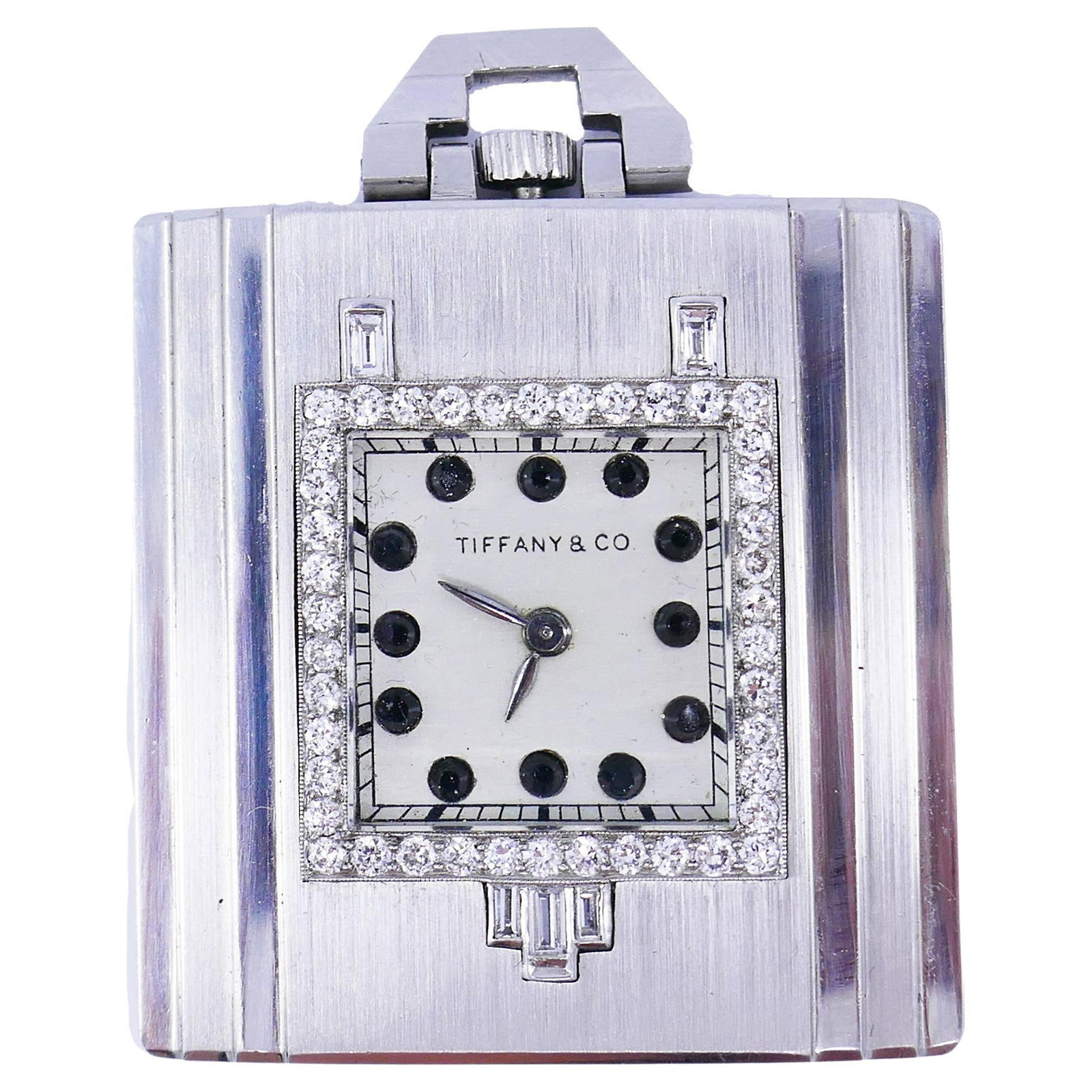 Tiffany Co Platinum Diamond Pocket Watch Pendant 1950s France: Tiffany Co Platinum Diamond Pocket Watch Pendant 1950s France Vintage Tiffany & Co. pocket watch pendant in platinum, set with round cut diamonds and designed in an Art Deco Revival style. It features