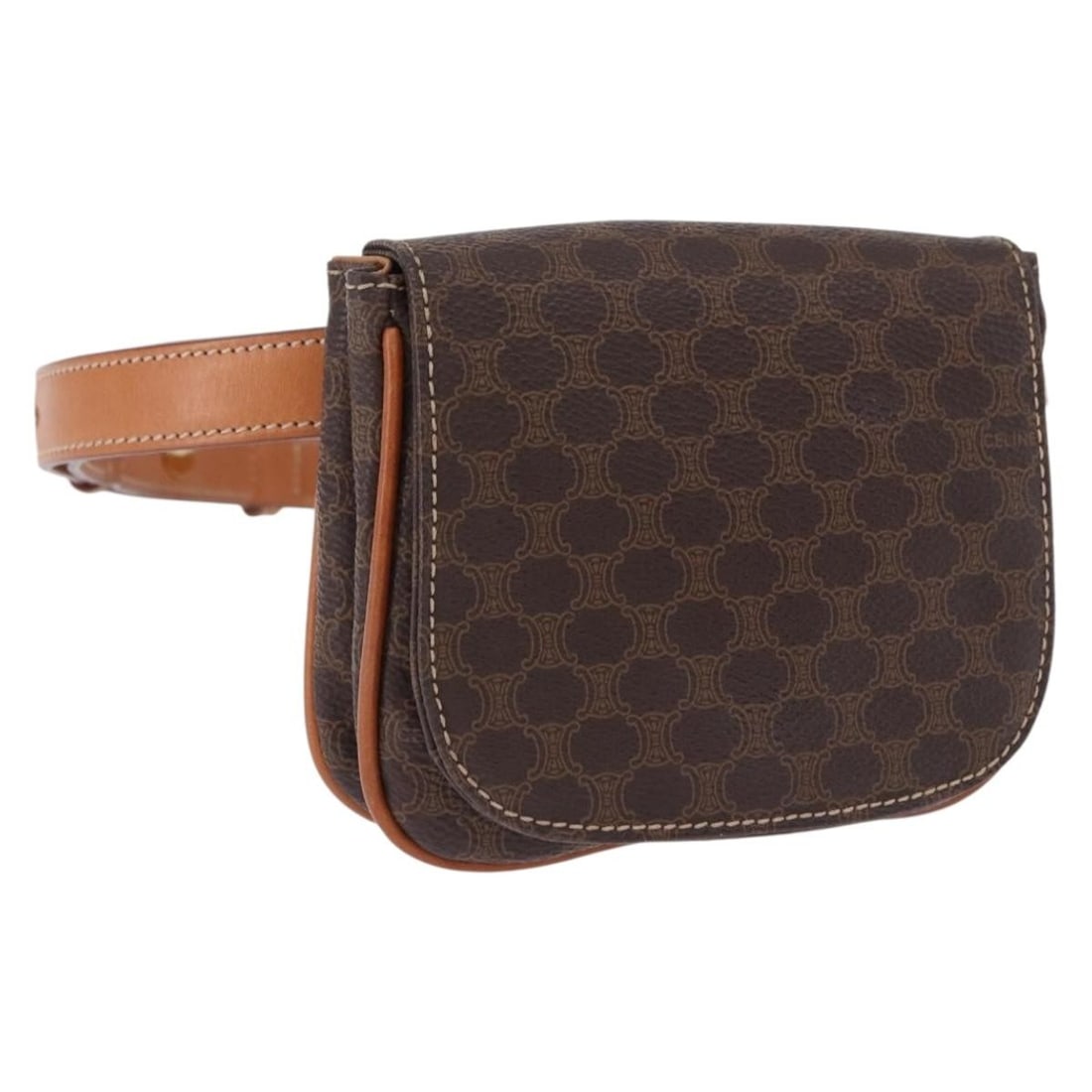 CELINE Macadam Waist Bag Brown PVC Leather Gold Tone: CELINE Macadam Waist Bag Brown PVC Leather Gold Tone CELINE waist bag in PVC leather and Macadam canvas, presented in brown and gold. Made in Italy, this women's waist pouch measures approximately 14 