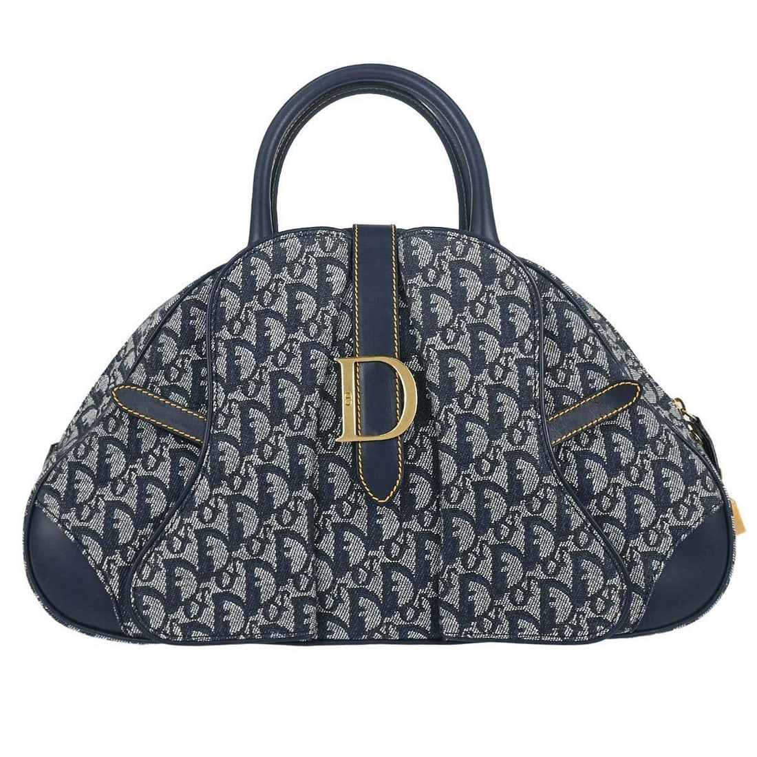 Dior Trotter Double Saddle Navy Canvas Top Handle Bag: Dior Trotter Double Saddle Navy Canvas Top Handle Bag Christian Dior Trotter Double Saddle handbag in navy canvas with black double handles and leather trim. This women's top handle bag features a zip
