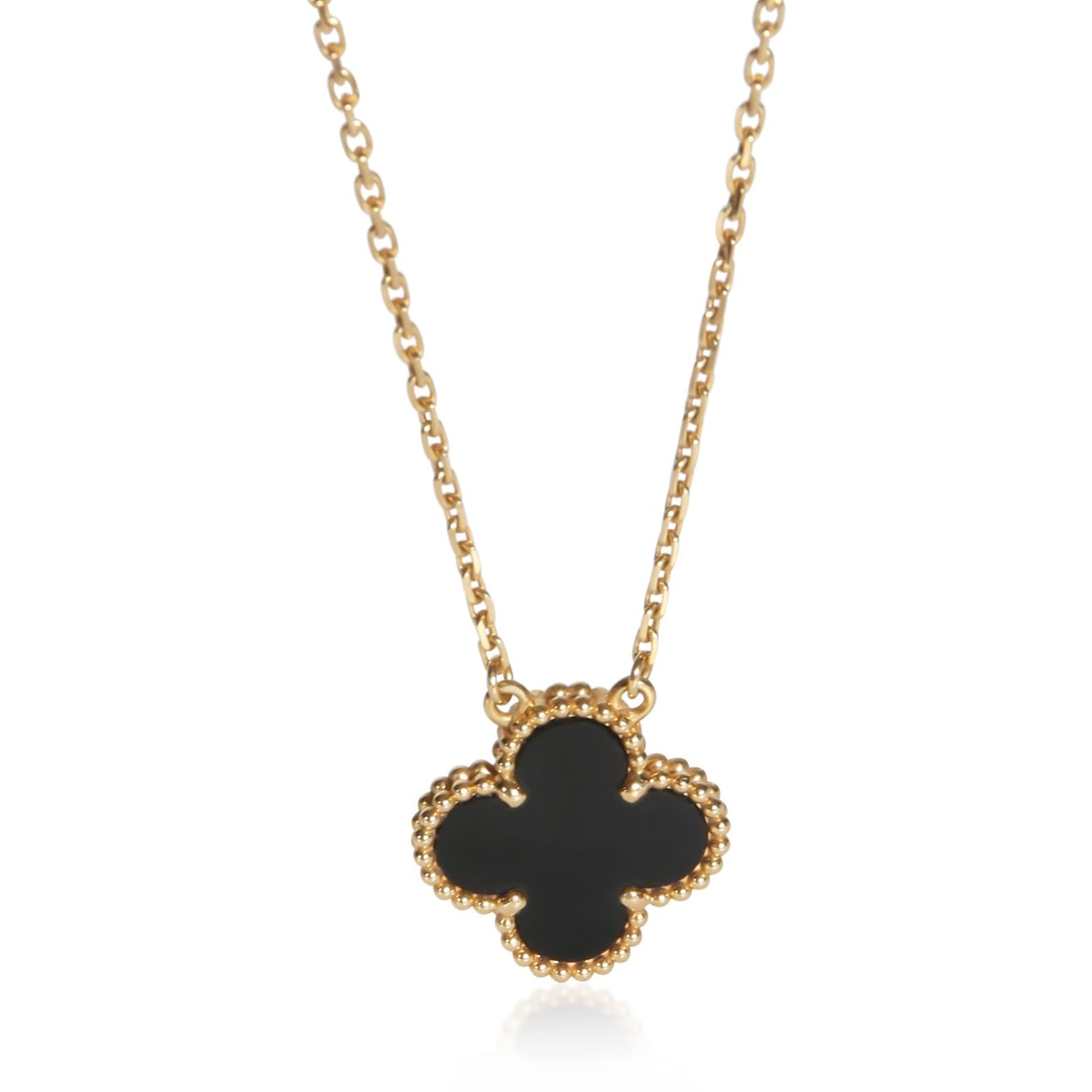 Van Cleef Arpels Vintage Alhambra Onyx 18k Yellow Gold Pendant: Van Cleef Arpels Vintage Alhambra Onyx 18k Yellow Gold Pendant Pre-owned Van Cleef & Arpels Vintage Alhambra pendant in yellow gold with an onyx centerpiece. This unisex piece includes the original bo