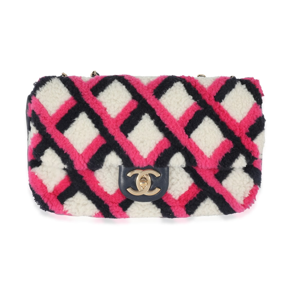 Chanel Emoticon Single Flap Shoulder Bag Shearling Lambskin Multicolor: Chanel Emoticon Single Flap Shoulder Bag Shearling Lambskin Multicolor Pre-owned Chanel Emoticon Single Flap Bag in fuchsia, navy, and white with a shearling lambskin finish. This shoulder bag feature