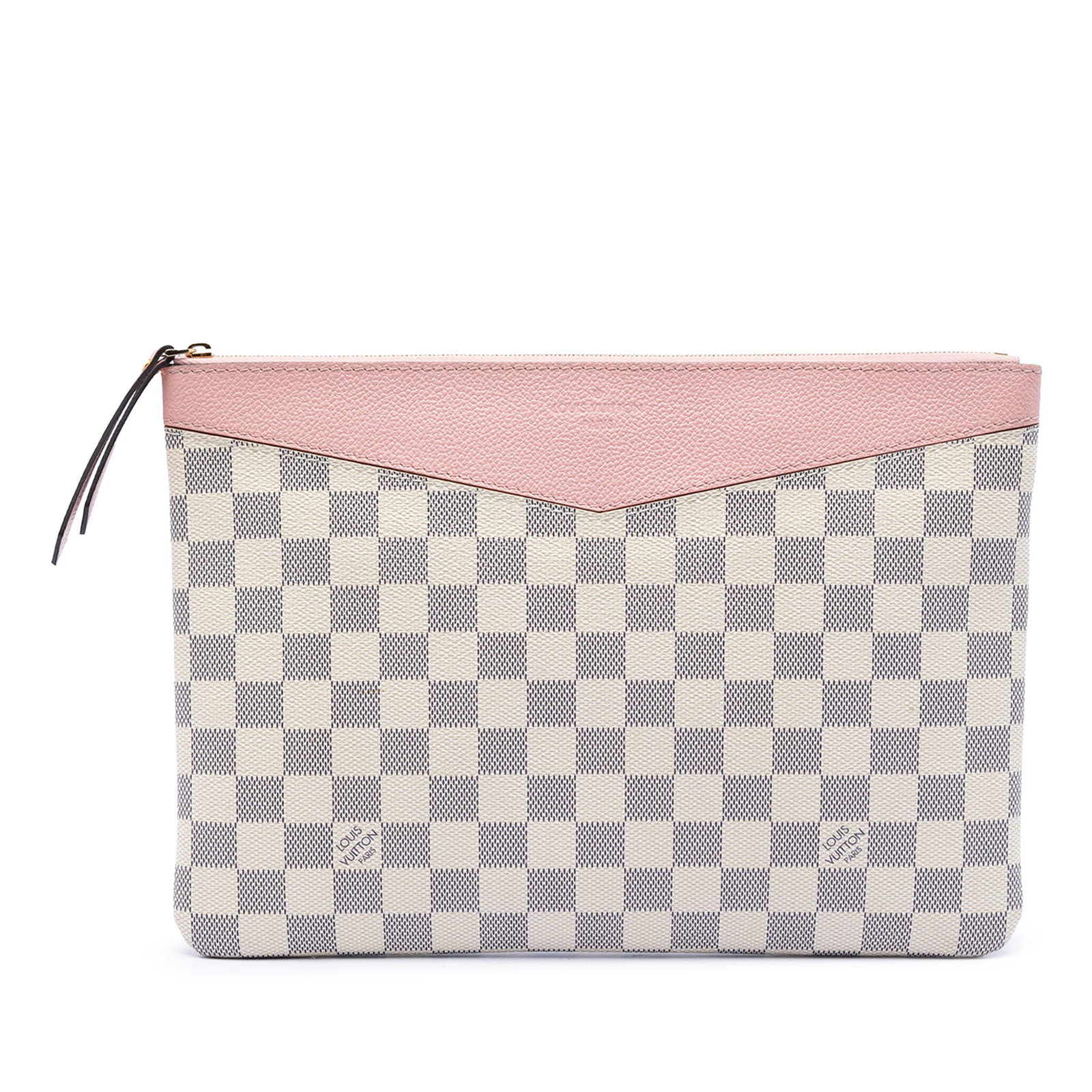 Louis Vuitton Damier Azur zip pouch with leather trim: Louis Vuitton Damier Azur zip pouch with leather trim This Louis Vuitton Damier Azur Daily Pouch features the iconic Damier canvas with leather trim. It is designed with a top zip closure and an inter