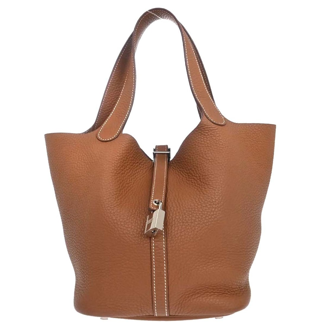 Hermes Picotin MM Taurillon Clemence Handbag Gold with Padlock Key: Hermes Picotin MM Taurillon Clemence Handbag Gold with Padlock Key Hermes Picotin Lock 22 MM handbag in Taurillon Clemence leather, presented in Etoupe Gray with a gold-toned finish. It features a buc
