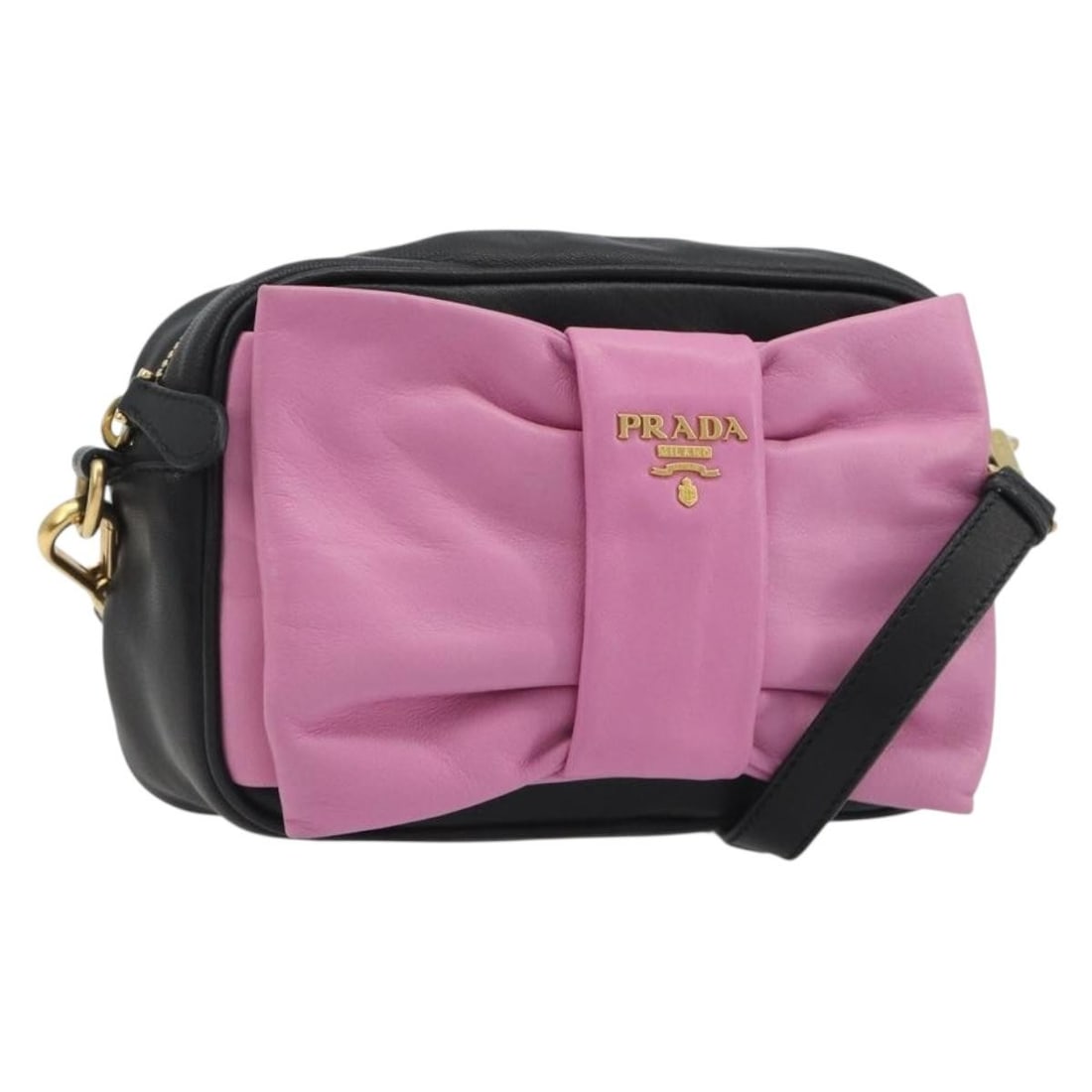Prada Ribbon Leather Shoulder Bag Black Pink with Dust Bag: Prada Ribbon Leather Shoulder Bag Black Pink with Dust Bag Prada shoulder bag in black and pink leather with a ribbon design. Made in Italy, this women's bag includes the dust bag, item box, and guara