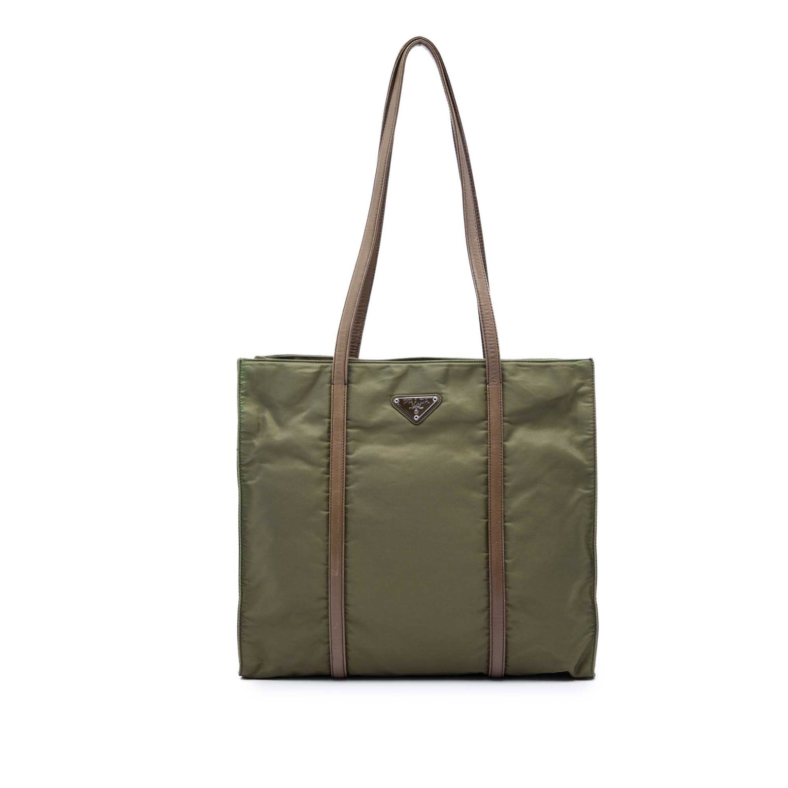 Prada Tessuto green nylon tote bag with leather trim: Prada Tessuto green nylon tote bag with leather trim Prada Tessuto Tote in green with a nylon body and leather trim. This open-top tote features flat leather handles, an interior zip compartment, and 