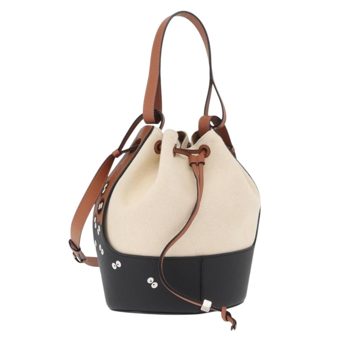 Loewe My Neighbor Totoro Pitch Black Canvas Bucket Shoulder Bag: Loewe My Neighbor Totoro Pitch Black Canvas Bucket Shoulder Bag This LOEWE x Ghibli My Neighbor Totoro bucket bag is crafted from brown canvas and designed as a shoulder bag. The bag features an adjus