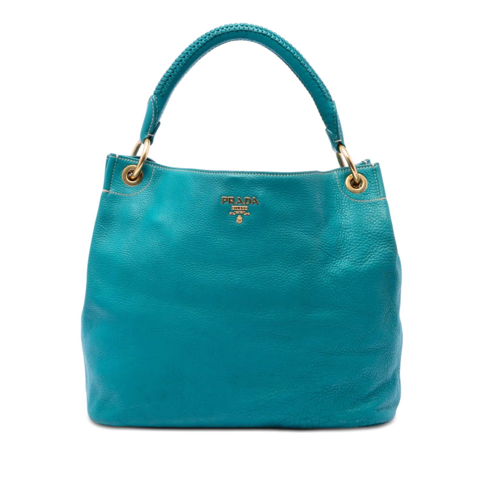 Prada Vitello Daino Blue Leather Hobo Bag: Prada Vitello Daino Blue Leather Hobo Bag Prada Vitello Daino hobo bag crafted in blue leather with a rolled leather handle, an open top with magnetic snap closure, and interior zip and slip pockets. 