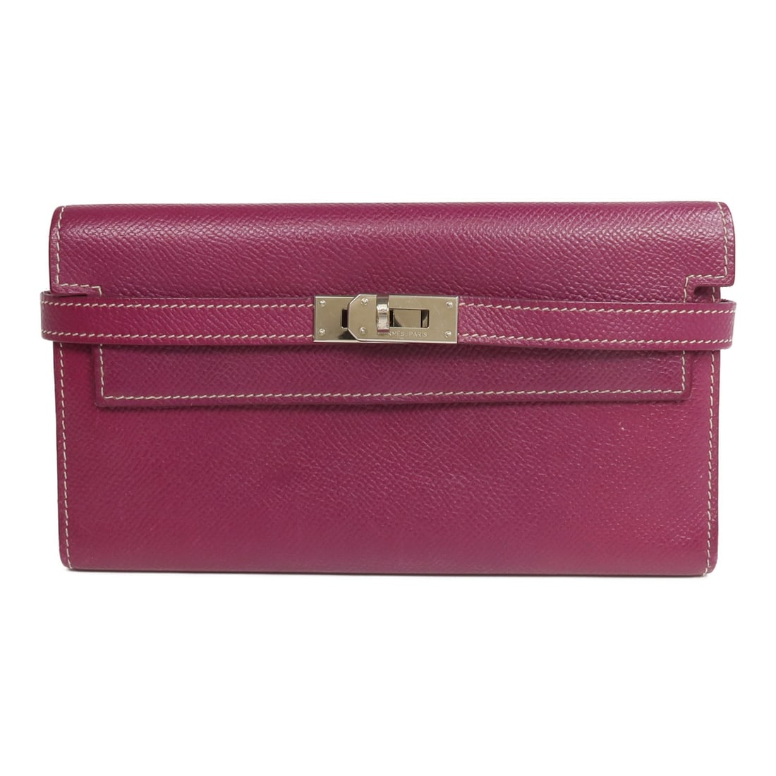 Hermes Kelly tri fold long wallet Epsom calfskin purple PHW: Hermes Kelly tri fold long wallet Epsom calfskin purple PHW Hermes tri-fold long wallet in Epsom leather and calfskin (cowhide), presented in Purple / Pink / Tosca Rose Tyrien. It features a tri-fold 