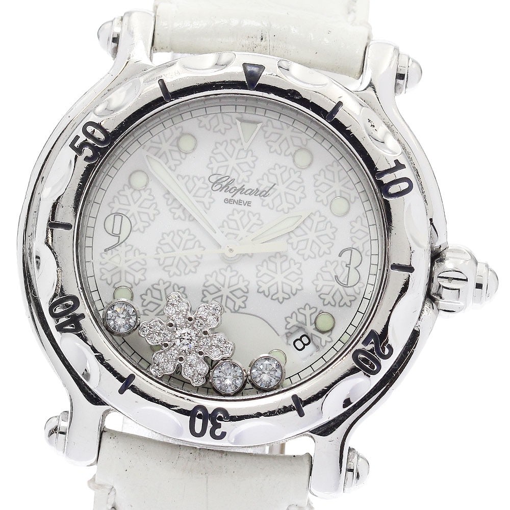 Chopard Happy Sport 28 8948 womens quartz watch with 3 diamonds: Chopard Happy Sport 28 8948 womens quartz watch with 3 diamonds Pre-owned Chopard Happy Sport Snowflake women's wristwatch with quartz movement and date function. This watch features a stainless steel