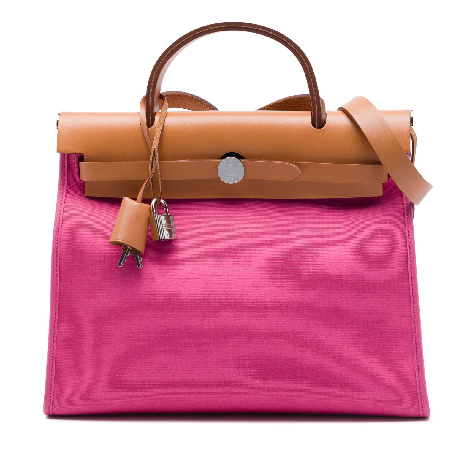 Hermes Herbag Zip 31 Toile Shoulder Bag Pink: Hermes Herbag Zip 31 Toile Shoulder Bag Pink The Hermes Toile Herbag Zip 31 is a structured bag with a fabric body, leather top handle, and detachable leather shoulder strap. It features a front leath
