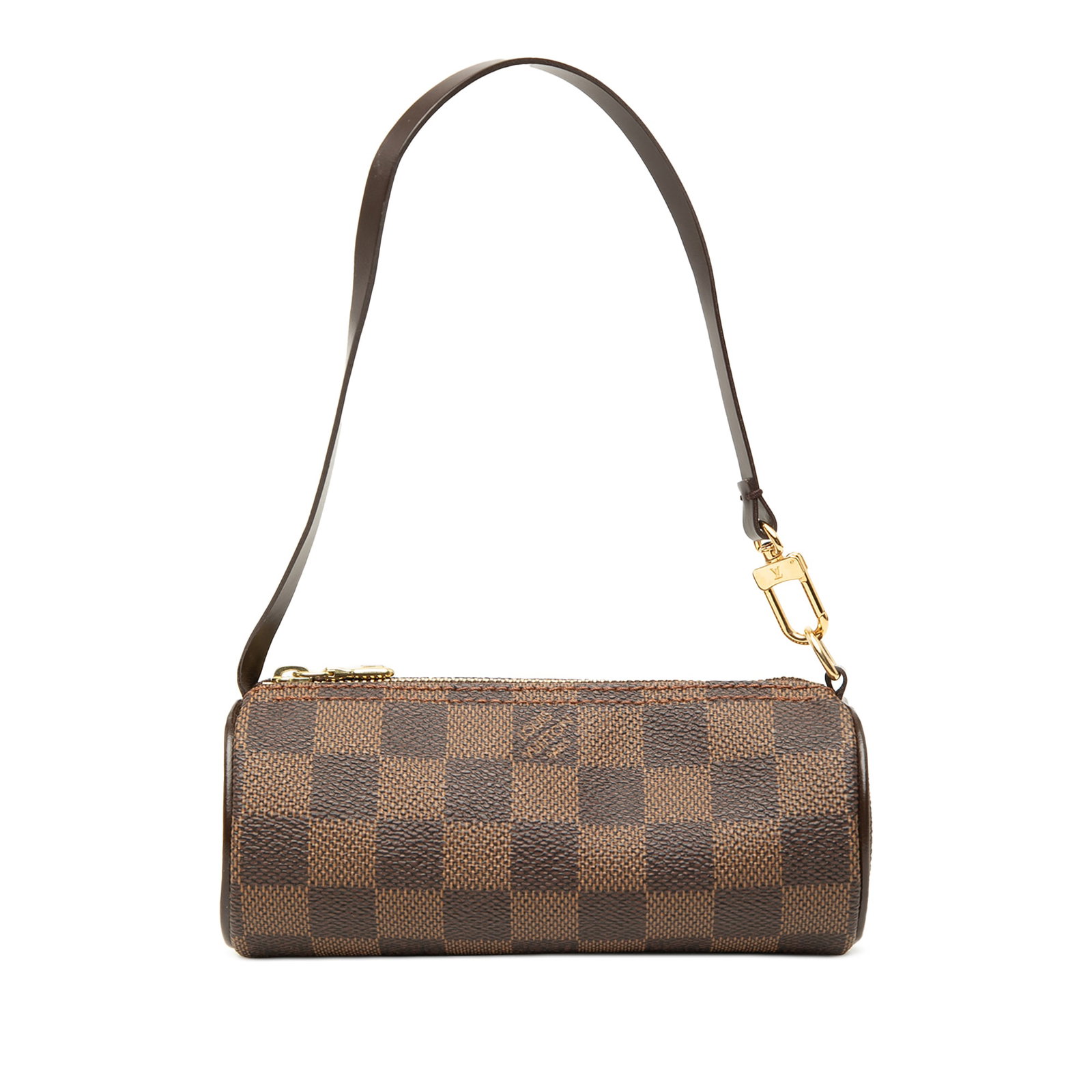 Louis Vuitton Papillon Pochette in Damier Ebene Canvas: Louis Vuitton Papillon Pochette in Damier Ebene Canvas Louis Vuitton Damier Ebene Papillon Pochette in brown fabric with leather trim and a flat leather strap. This pochette features a top zip closure