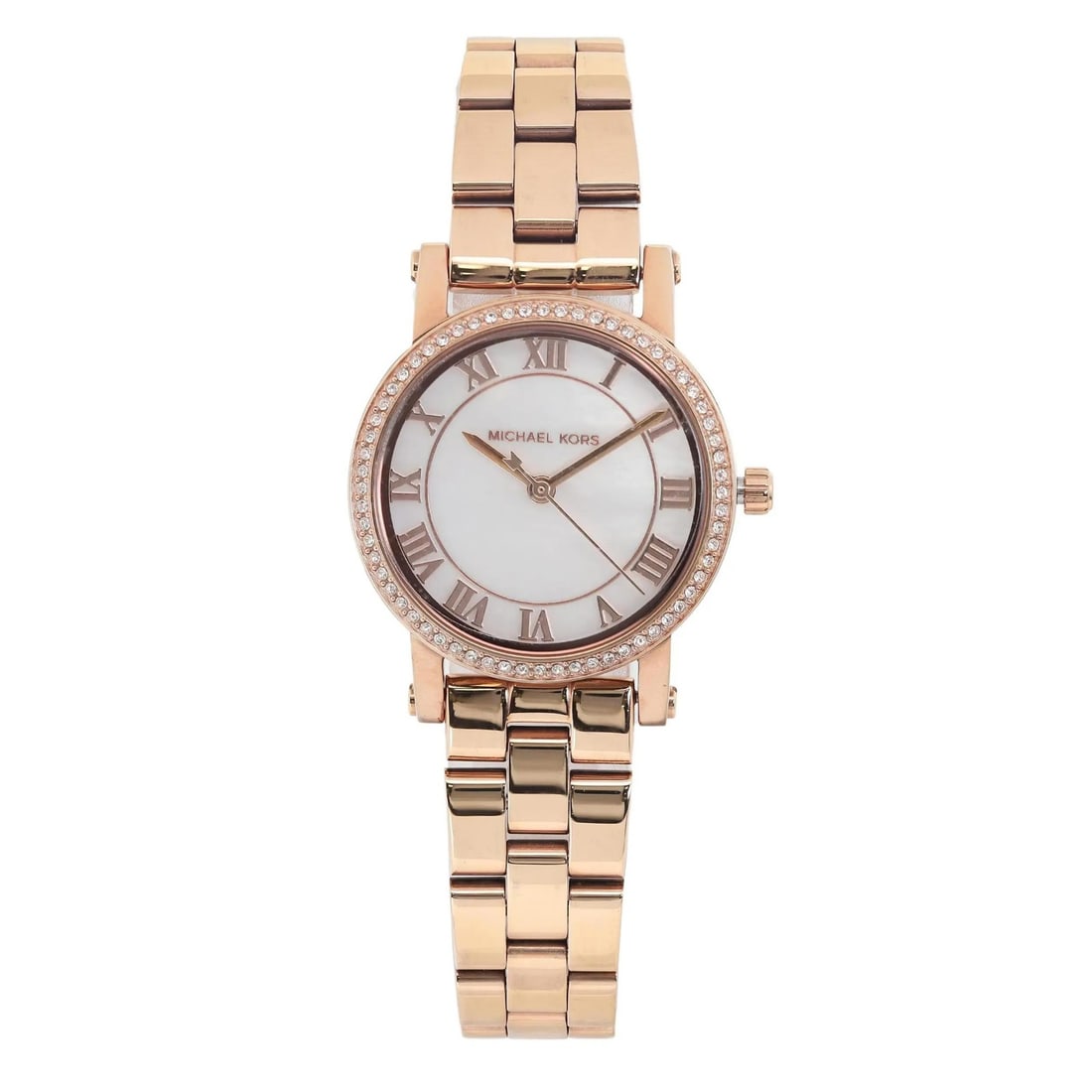 Michael Kors MK3558 Norie womens rose gold tone steel watch: Michael Kors MK3558 Norie womens rose gold tone steel watch Pre-owned Michael Kors Norie ladies wristwatch with a classic analog design and mother-of-pearl dial. This quartz watch features a rose gold