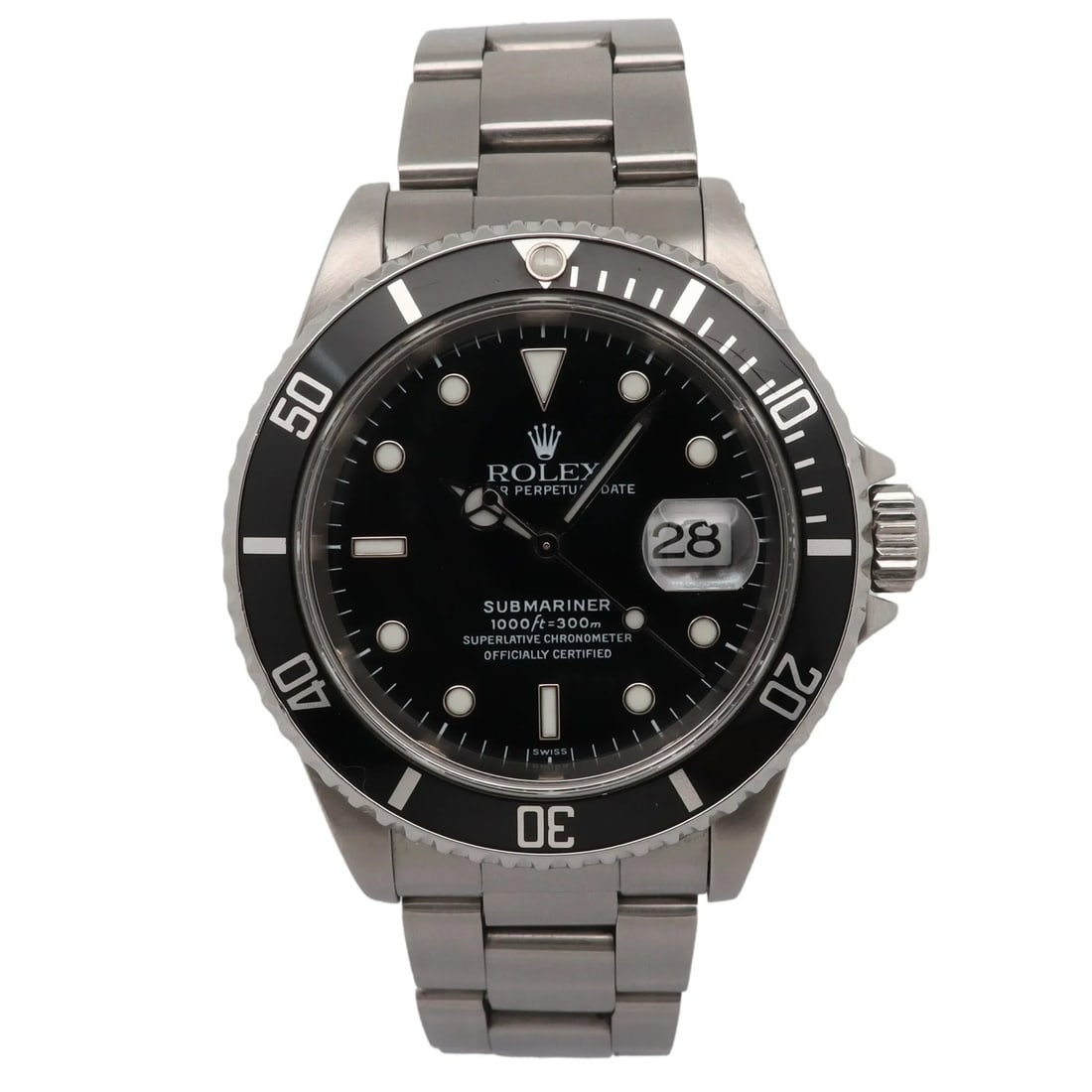 Rolex 16610 Submariner automatic steel watch black dial date 40mm: Rolex 16610 Submariner automatic steel watch black dial date 40mm Vintage Rolex Submariner Date reference 16610 with a black dial and stainless steel bracelet. This automatic wristwatch is in good pre
