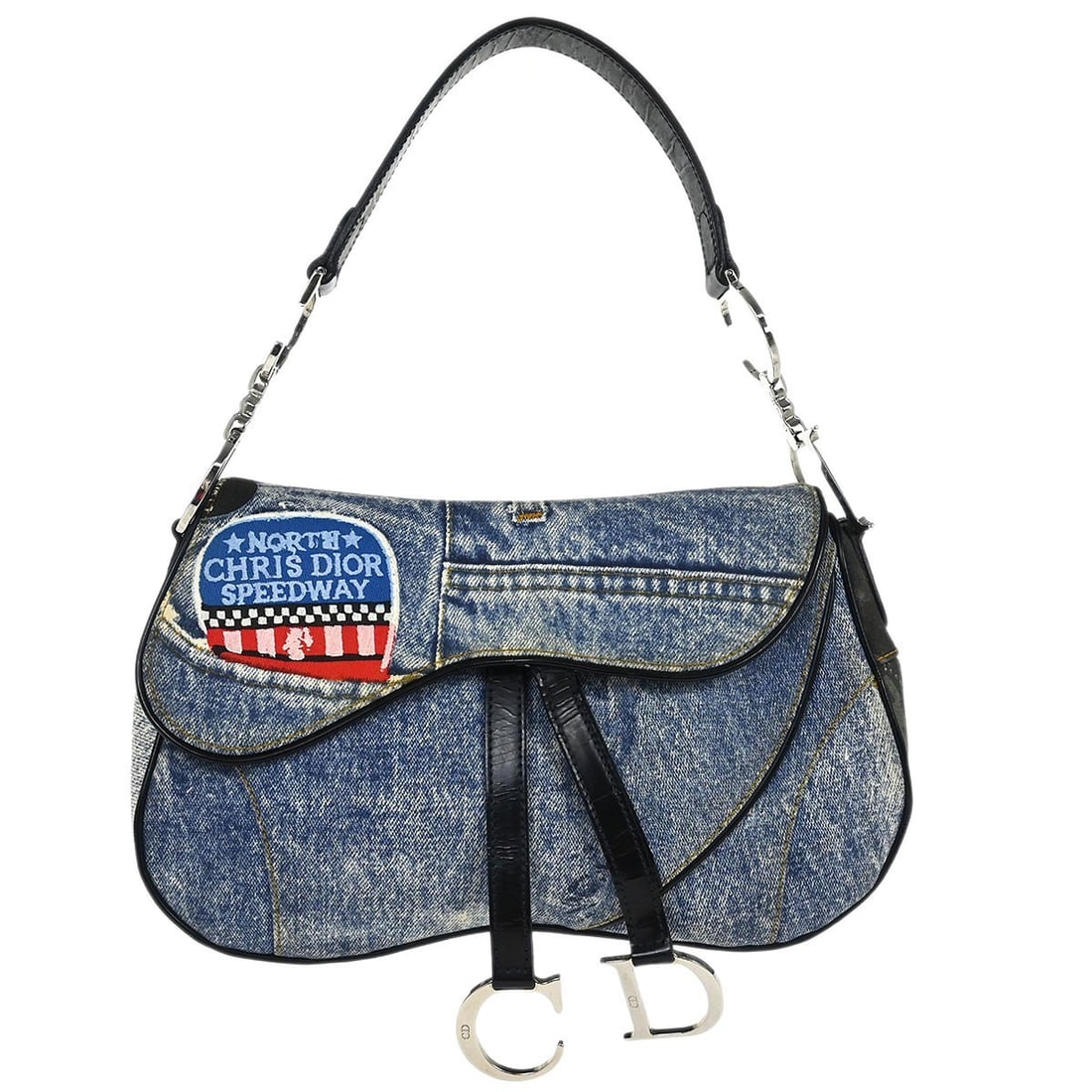 Dior Saddle Double Shoulder Bag Blue Denim Print Canvas Italy: Dior Saddle Double Shoulder Bag Blue Denim Print Canvas Italy Christian Dior Double Saddle handbag in blue denim print canvas with patent leather trim. This medium shoulder bag features a Velcro closu
