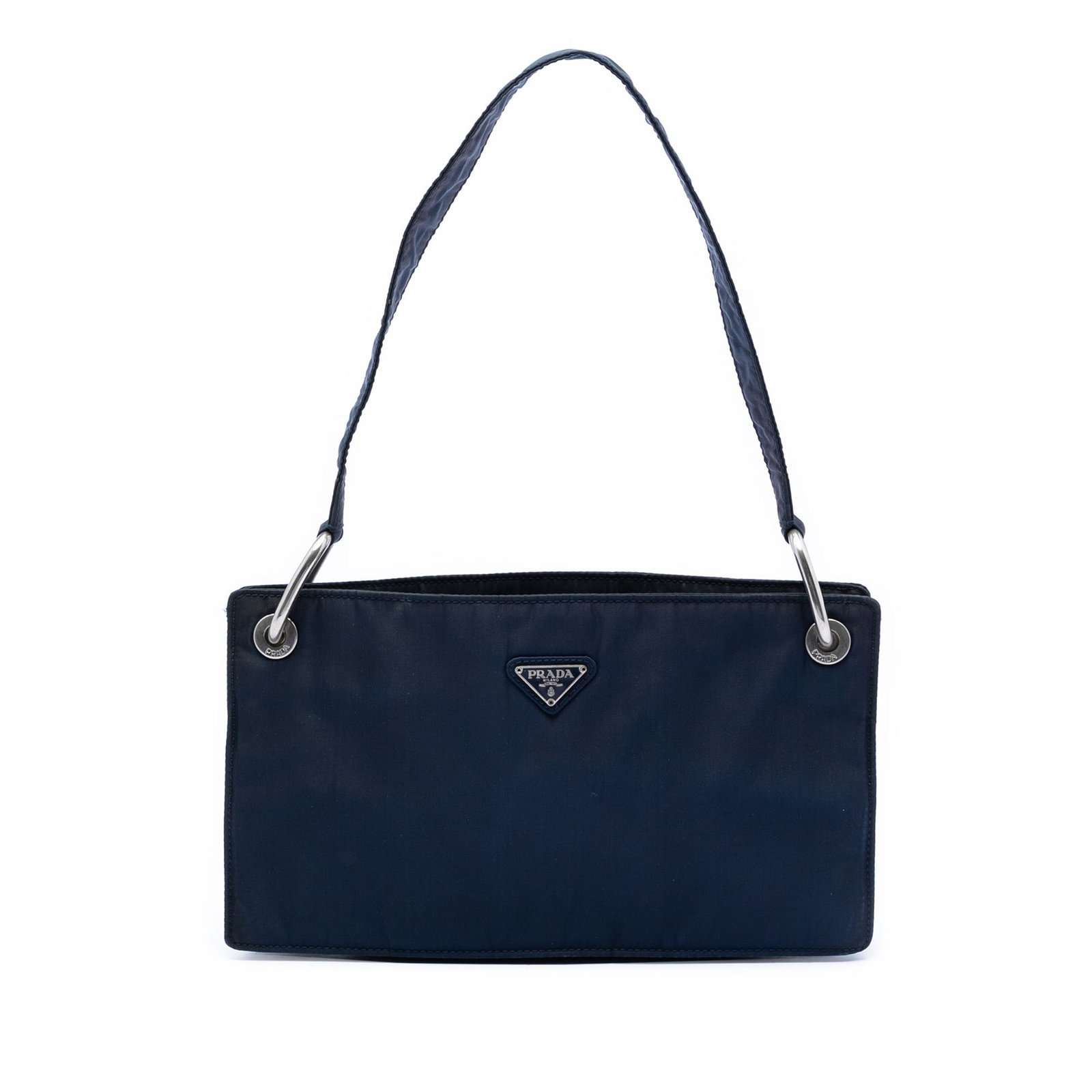 Prada Tessuto blue nylon shoulder bag with top zip closure: Prada Tessuto blue nylon shoulder bag with top zip closure This Prada Tessuto Shoulder Bag features a blue nylon fabric body with a flat strap, a top zip closure, and an interior zip pocket. The bag s