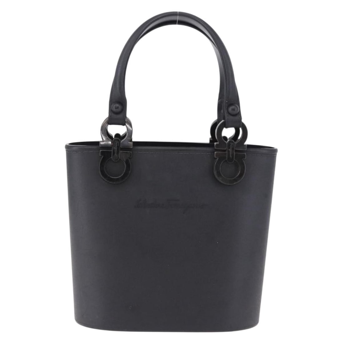 Salvatore Ferragamo Gancini Top Handle black rubber handbag: Salvatore Ferragamo Gancini Top Handle black rubber handbag Salvatore Ferragamo Gancini Top Handle bag in black with a structured silhouette and leather trim. Made in Italy, this women's handbag is pr