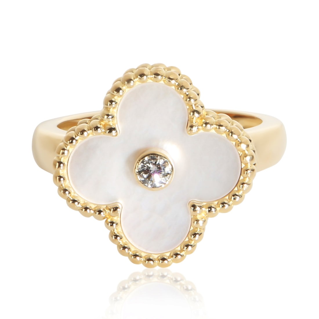 Van Cleef Arpels Vintage Alhambra 18k Yellow Gold Ring Mother of Pearl: Van Cleef Arpels Vintage Alhambra 18k Yellow Gold Ring Mother of Pearl Pre-owned Van Cleef & Arpels Vintage Alhambra ring featuring mother-of-pearl with round brilliant diamonds. Includes the original
