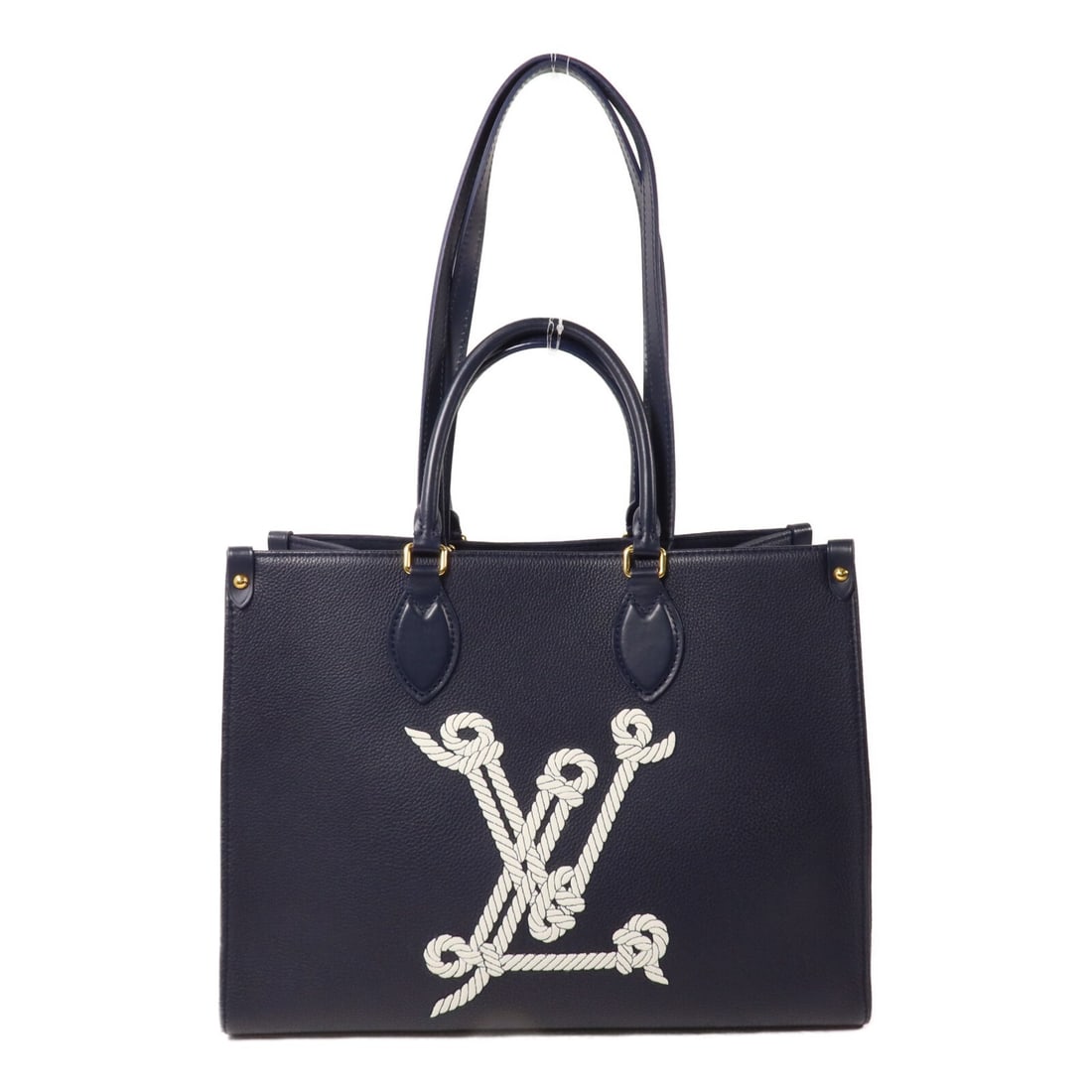 Louis Vuitton Onthego MM M24834 Calfskin 2 Way Bag Navy: Louis Vuitton Onthego MM M24834 Calfskin 2 Way Bag Navy Louis Vuitton On The Go MM 2-way shoulder bag in navy blue calfskin. This women's bag features a structured silhouette with top handles and a sh