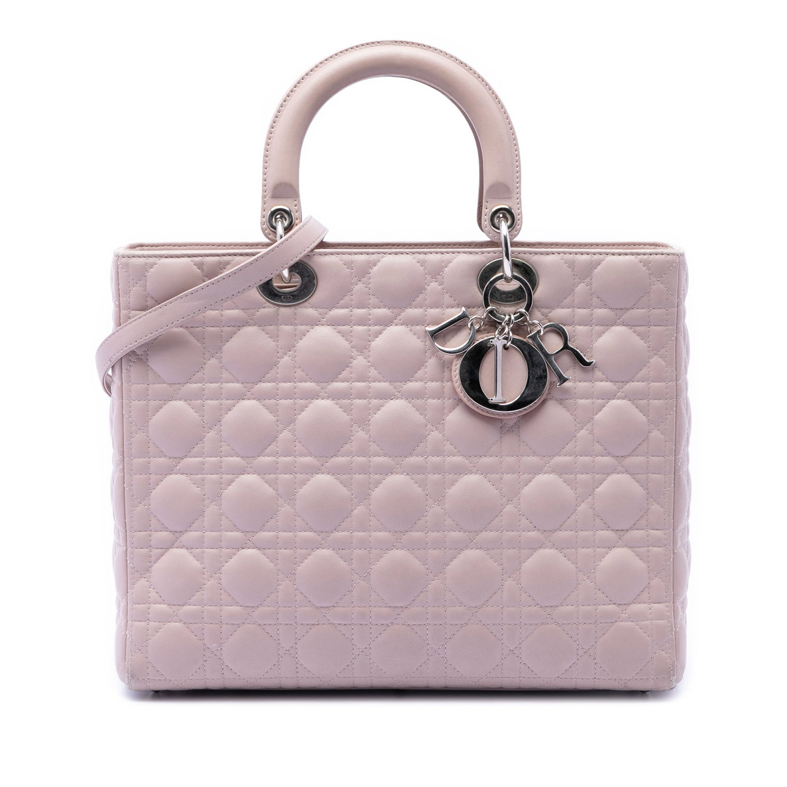 Dior Lady Dior Pink Lambskin Cannage Bag: Dior Lady Dior Pink Lambskin Cannage Bag This Lady Dior bag features a quilted lambskin leather exterior in pink, complemented by flat leather top handles and a detachable strap for versatile carrying