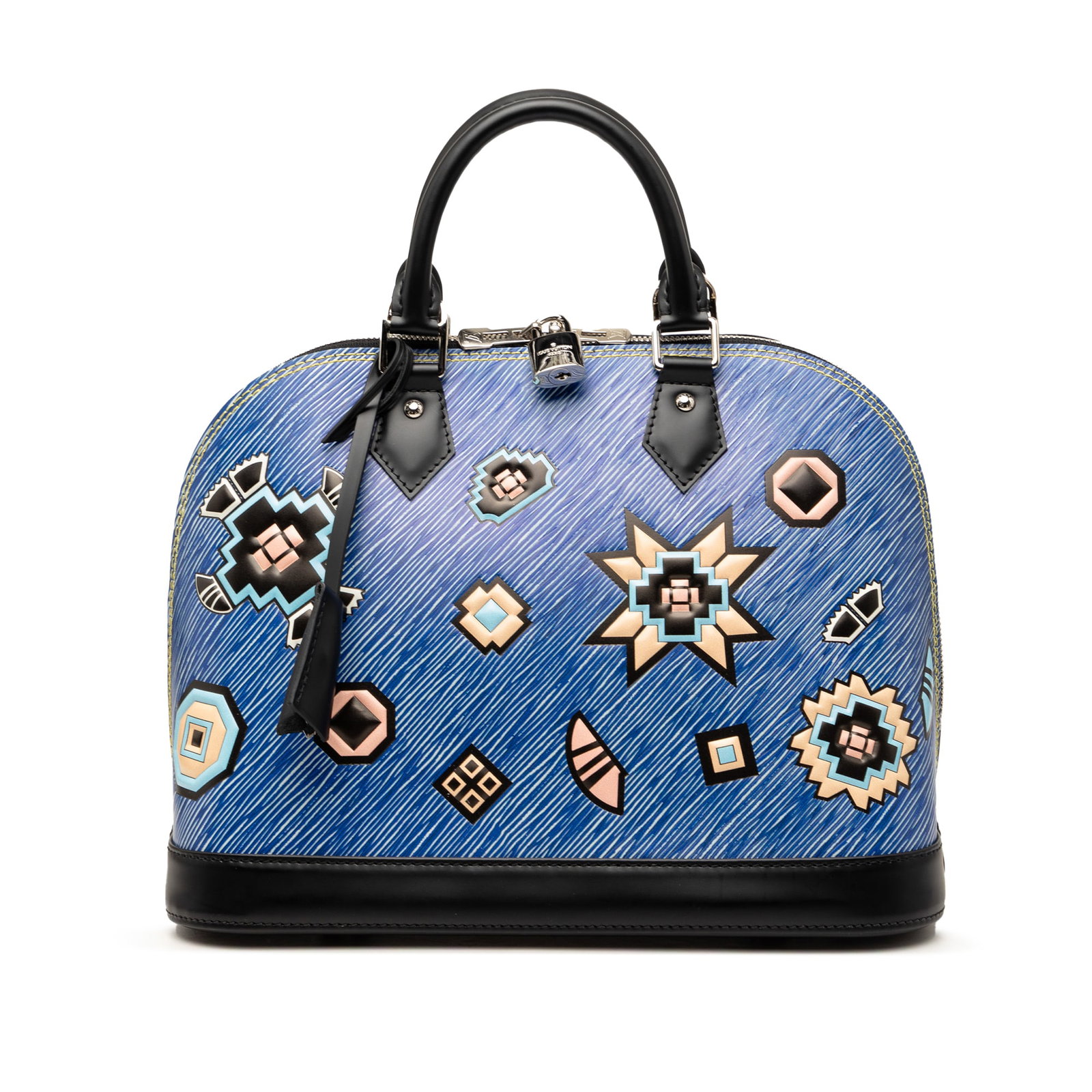 Louis Vuitton Alma PM Epi Leather Blue Aztec Handbag: Louis Vuitton Alma PM Epi Leather Blue Aztec Handbag Louis Vuitton Epi Denim Aztec Alma PM handbag crafted in leather with rolled leather handles, a top zip closure, and an interior slip pocket. Made 