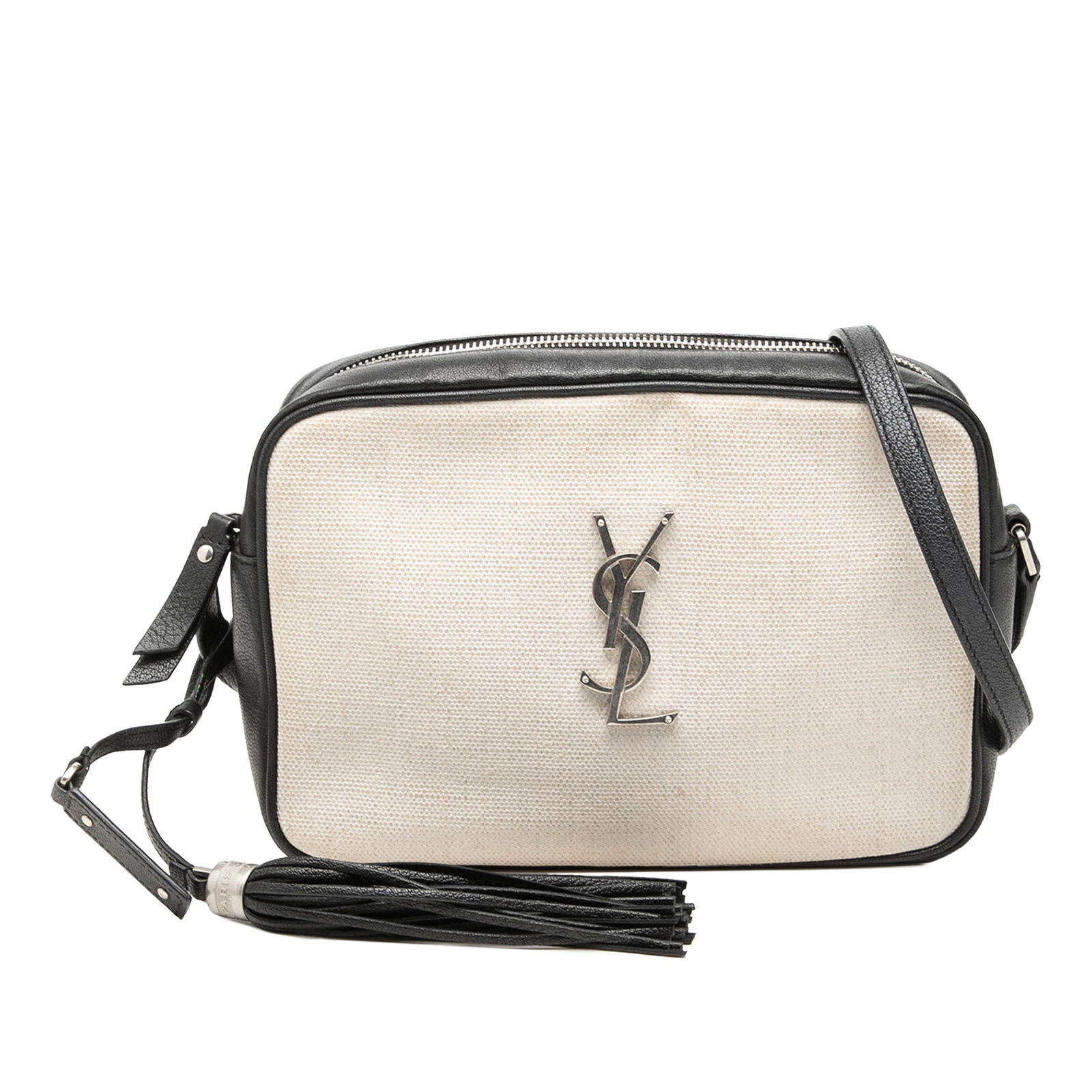 Saint Laurent Lou Monogram Camera Bag in White Canvas: Saint Laurent Lou Monogram Camera Bag in White Canvas Saint Laurent Lou Camera Bag in white canvas with leather trim and a leather tassel detail. This Italy-made bag features an adjustable flat leathe
