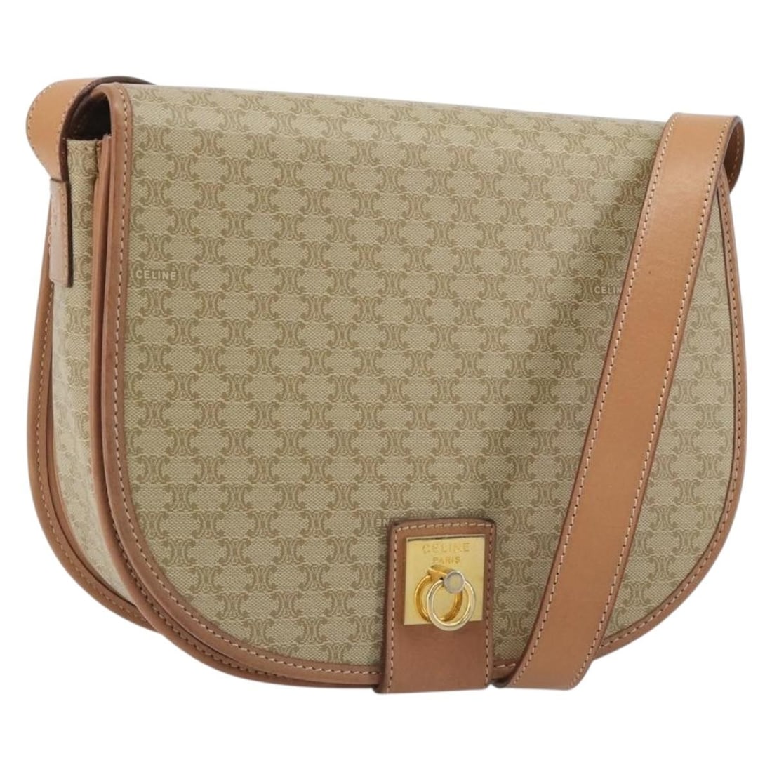 CELINE Macadam Shoulder Bag Beige PVC Leather Italy: CELINE Macadam Shoulder Bag Beige PVC Leather Italy This CELINE shoulder bag is crafted from PVC leather and Macadam canvas in a beige and gold colorway. Made in Italy, it features a shoulder strap wi