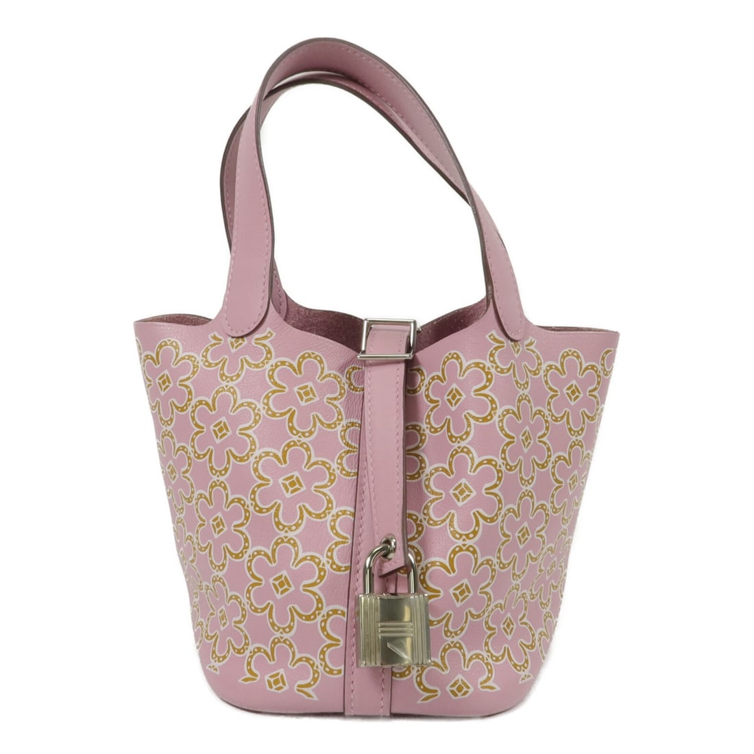 Hermes Picotin 14 Lucky Daisy Swift Leather Handbag PHW Mauve Sylvestre: Hermes Picotin 14 Lucky Daisy Swift Leather Handbag PHW Mauve Sylvestre Hermes Picotin 14 Lucky Daisy handbag in Mauve Sylvestre Swift leather with pink accents. This women's handbag is made in France