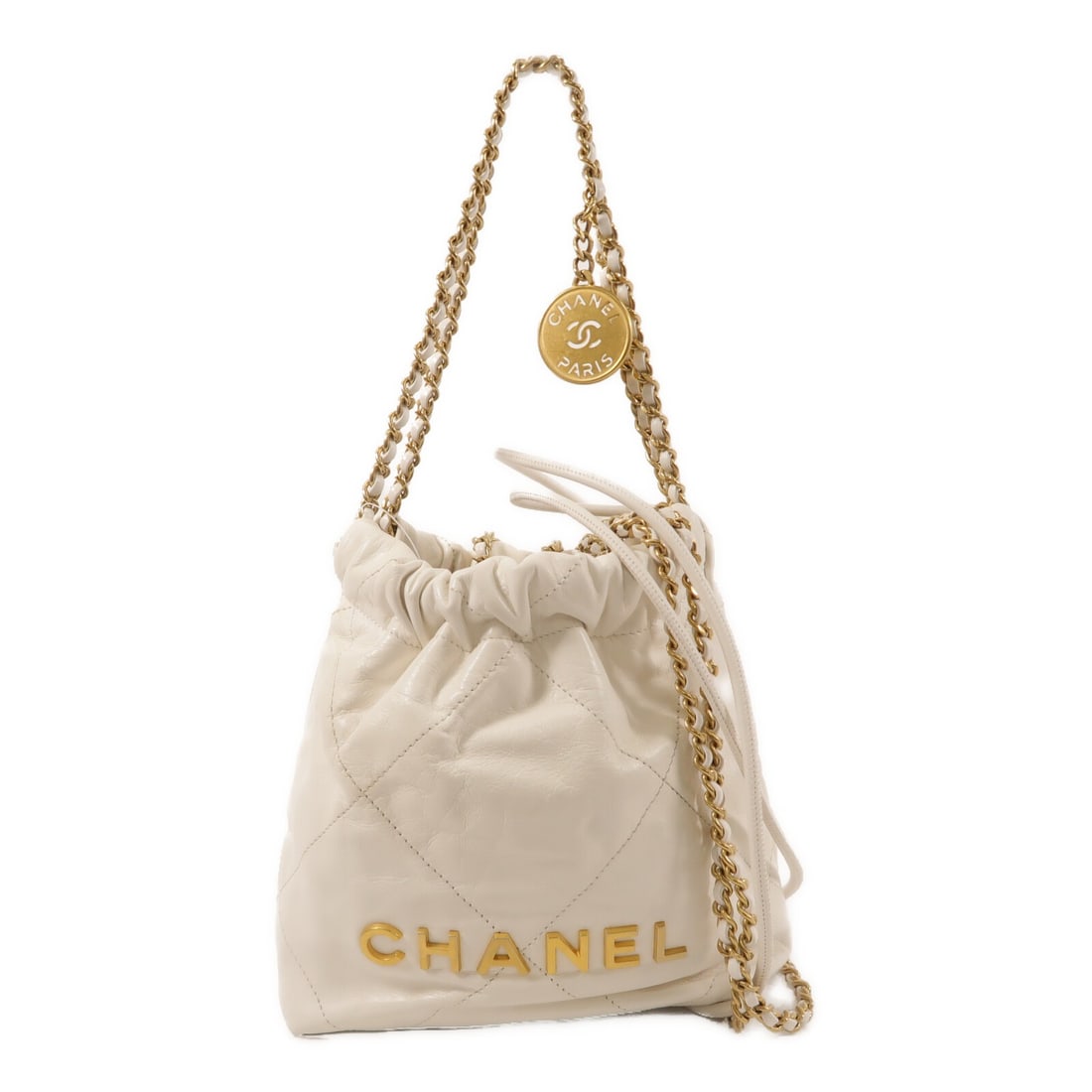 CHANEL Chanel 22 Mini 2 Way Shoulder Bag White Calfskin AS3980: CHANEL Chanel 22 Mini 2 Way Shoulder Bag White Calfskin AS3980 A CHANEL Chanel 22 Mini Chain Shoulder Bag in white calfskin leather with gold-tone CC hardware. It is a 2-way shoulder bag with one open