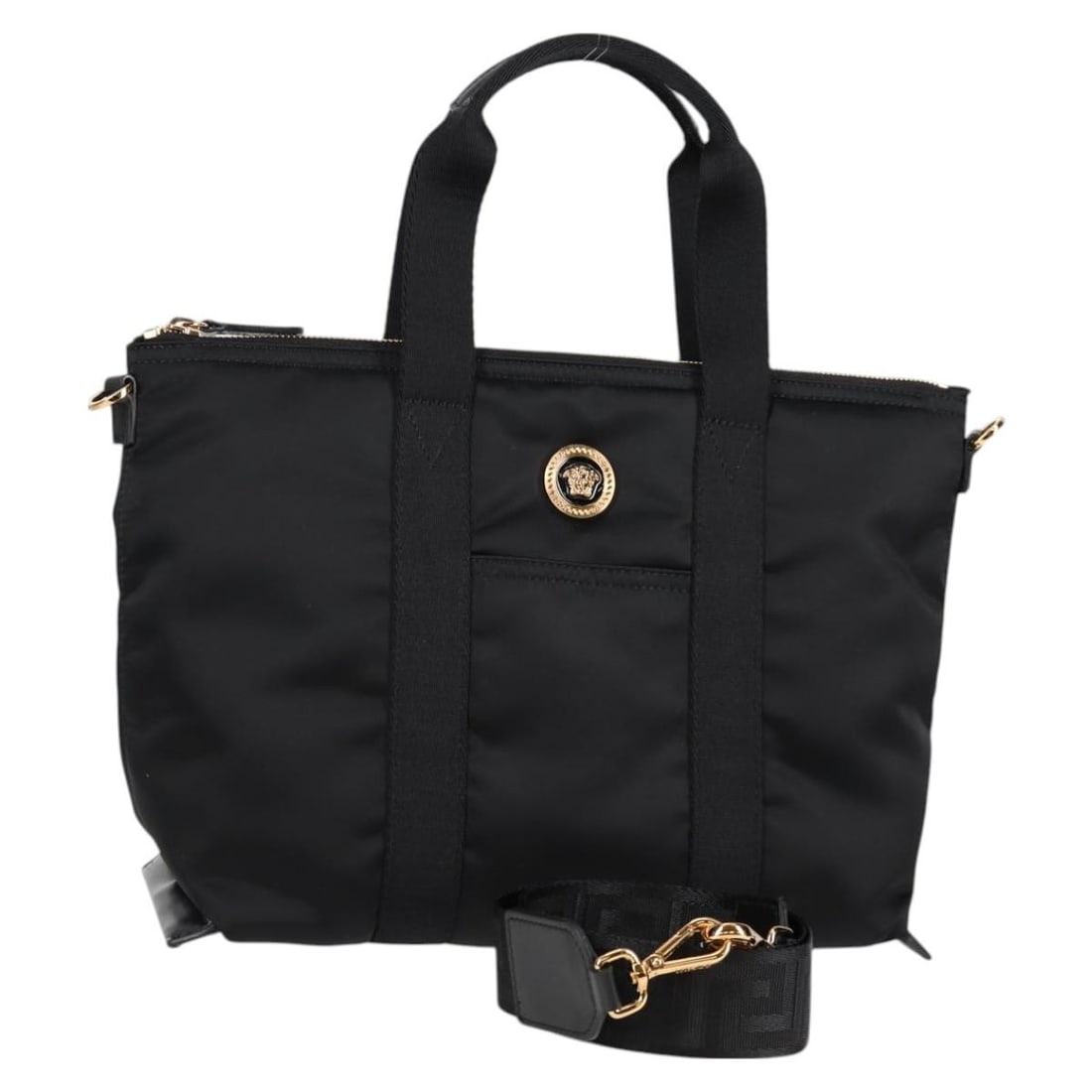 Versace Black Gold Nylon 2way Hand Bag with Shoulder Strap: Versace Black Gold Nylon 2way Hand Bag with Shoulder Strap Versace women's 2-way handbag in black nylon with gold-tone detailing. Designed for hand carry or shoulder wear, this bag includes a dust bag