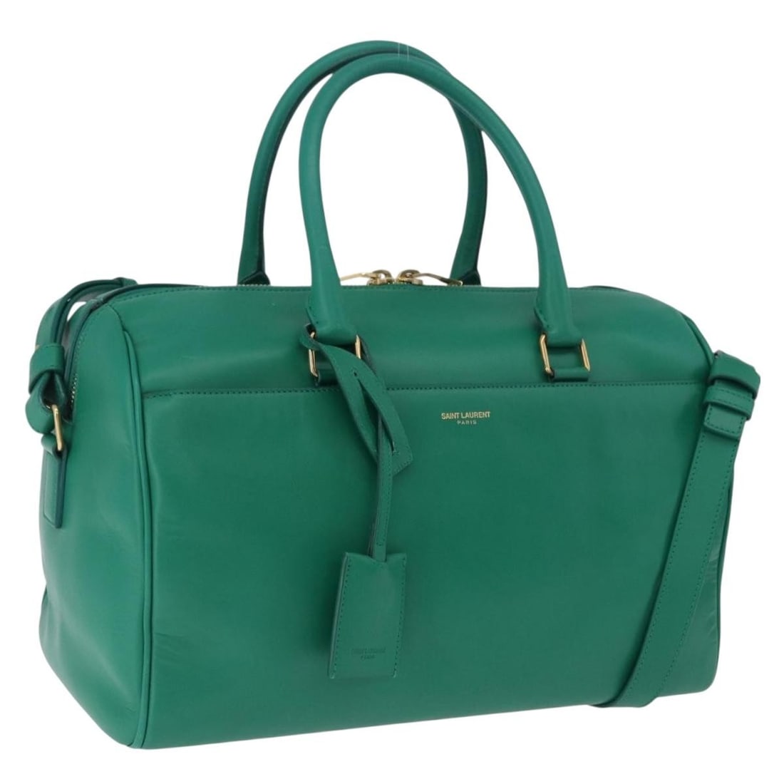 Saint Laurent 322049 leather Boston bag with strap green gold: Saint Laurent 322049 leather Boston bag with strap green gold Saint Laurent Classic Duffle 2-way Boston bag in green leather with gold-tone accents. Made in Italy, this women's bag includes a shoulder