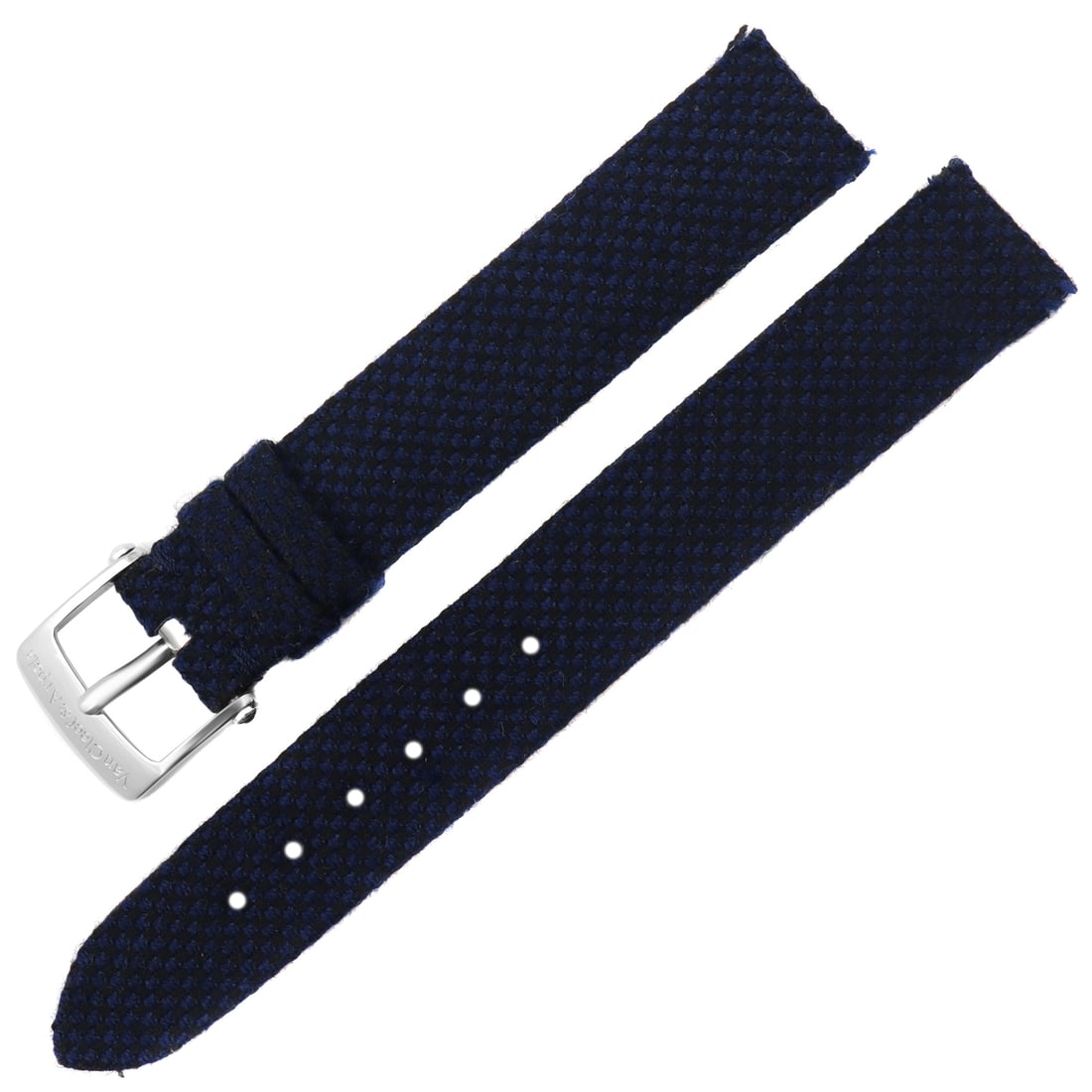 Van Cleef & Arpels 14mm Navy Fabric Watch Band with 18K White Gold Buckle: Van Cleef & Arpels 14mm Navy Fabric Watch Band with 18K White Gold Buckle Enhance your timepiece with this authentic Van Cleef & Arpels wristwatch band, featuring a luxurious 14mm navy fabric design. 