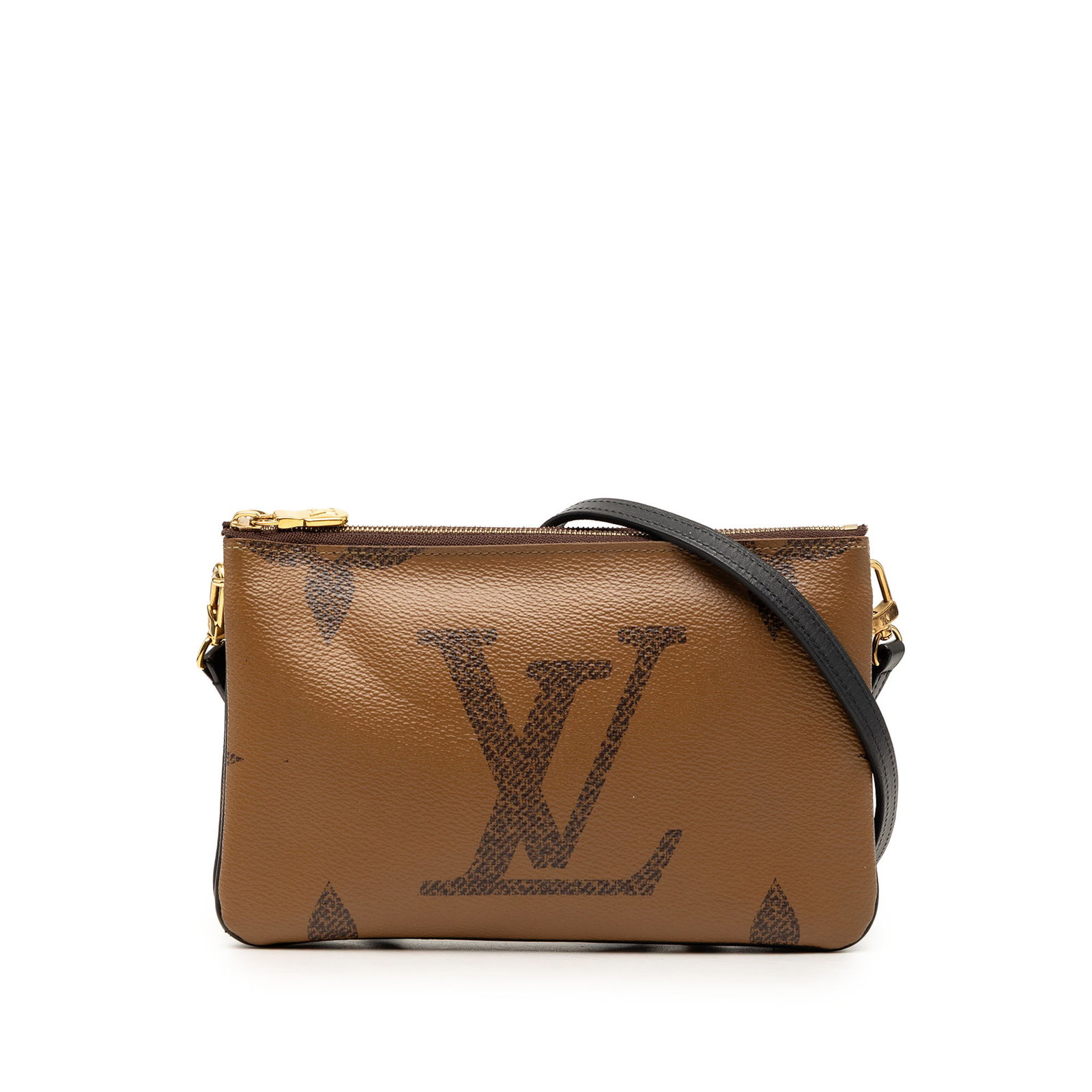 Louis Vuitton Double Zip Pochette in Giant Reverse Monogram Canvas: Louis Vuitton Double Zip Pochette in Giant Reverse Monogram Canvas Louis Vuitton Monogram Giant Reverse Double Zip Pochette in brown fabric with a Giant Monogram canvas body, removable flat strap, top