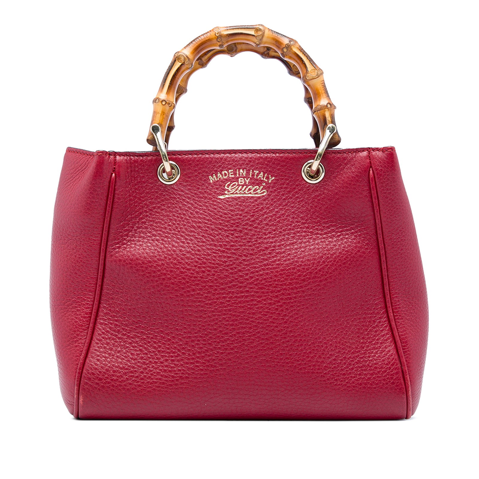 Gucci Bamboo Shopper Mini Calfskin Satchel Red Leather: Gucci Bamboo Shopper Mini Calfskin Satchel Red Leather Gucci Mini Calfskin Bamboo Shopper Satchel crafted with a leather body and bamboo top handles. The satchel features an open top with a magnetic s