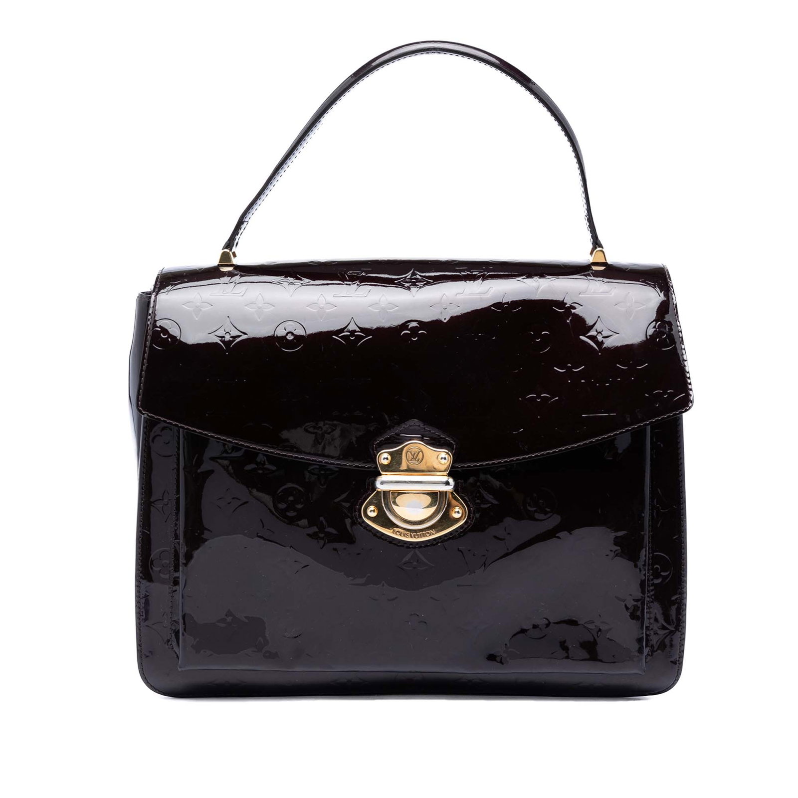 Louis Vuitton Romaine handbag in Monogram Vernis leather purple: Louis Vuitton Romaine handbag in Monogram Vernis leather purple Louis Vuitton Monogram Vernis Romaine bag in purple monogram vernis leather, made in France. It features a flat leather top handle, a fr