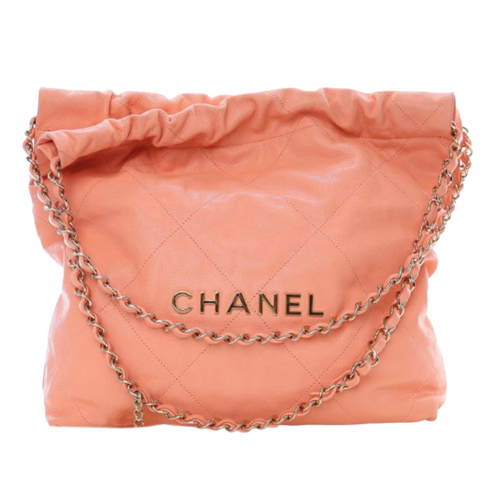Chanel 22 Small Pink Caviar Leather Quilted Shoulder Bag: Chanel 22 Small Pink Caviar Leather Quilted Shoulder Bag This Chanel 22 handbag is crafted in quilted caviar leather and features leather-woven chain shoulder straps, a snap button closure, an interio