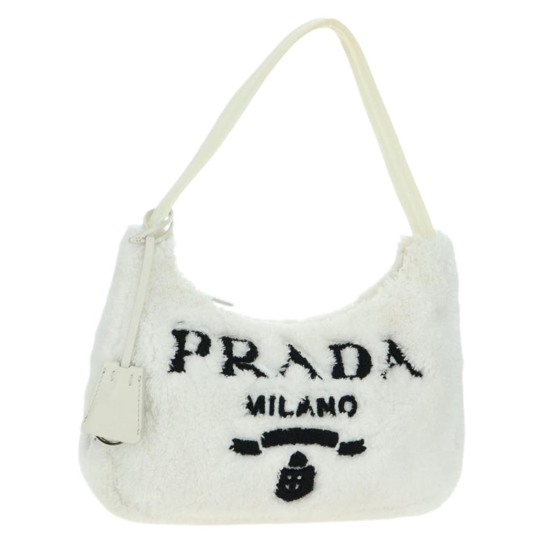 PRADA Pile Hand Bag White Silver with Dust Bag: PRADA Pile Hand Bag White Silver with Dust Bag Prada women's hand bag in white and silver pile with a compact silhouette and included dust bag. Made in Italy, this pre-owned bag is graded AB/very good