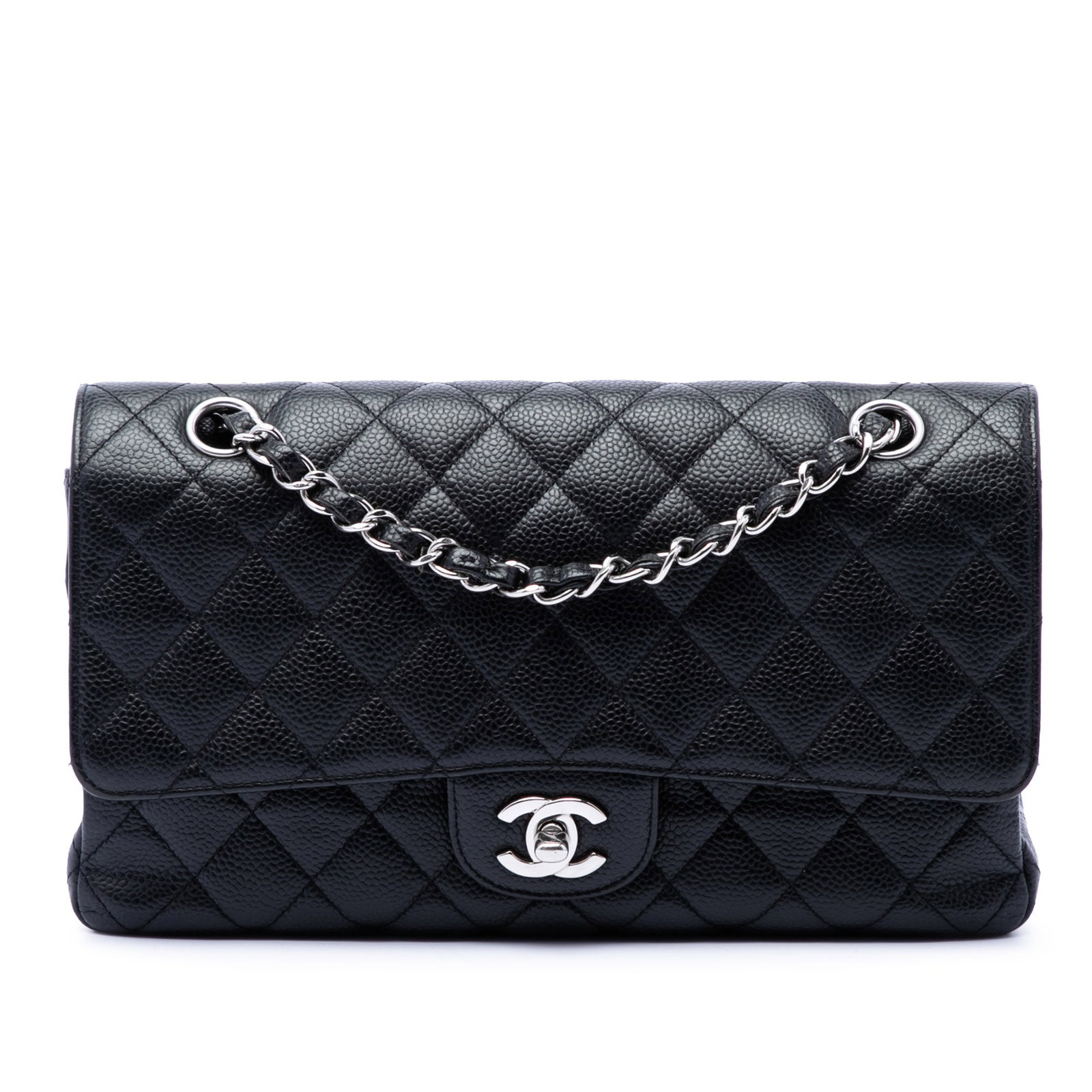 Chanel Medium Classic Double Flap Black Caviar Leather Bag: Chanel Medium Classic Double Flap Black Caviar Leather Bag Medium Classic Caviar Double Flap bag crafted in quilted caviar leather with leather-woven chain straps. The design features double front fla