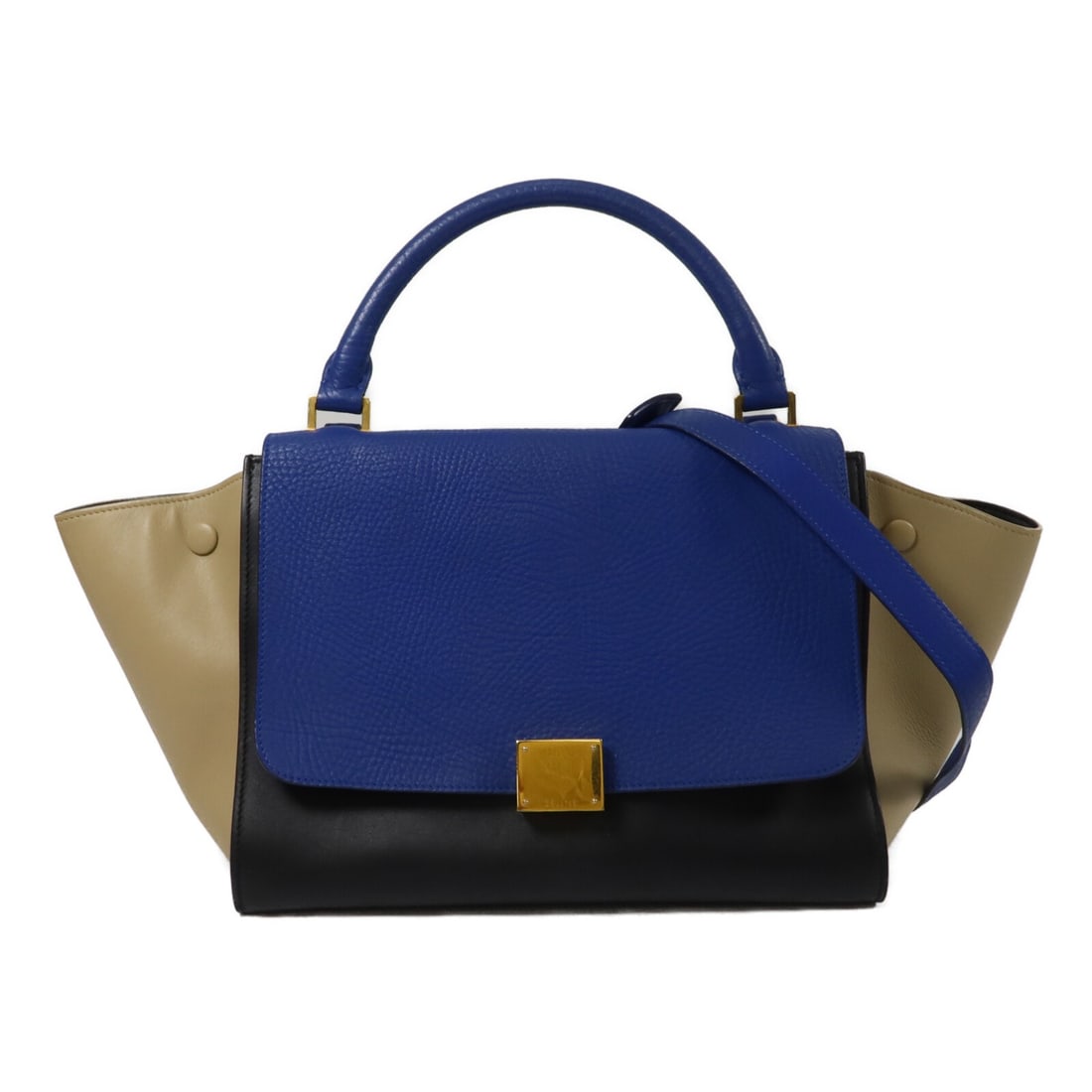 CELINE Trapeze Medium 2way Shoulder Bag Blue Black Calfskin: CELINE Trapeze Medium 2way Shoulder Bag Blue Black Calfskin Celine Trapeze Medium 2-way shoulder bag in blue and black calfskin leather. This women's bag features a turn-lock closure, exterior and int